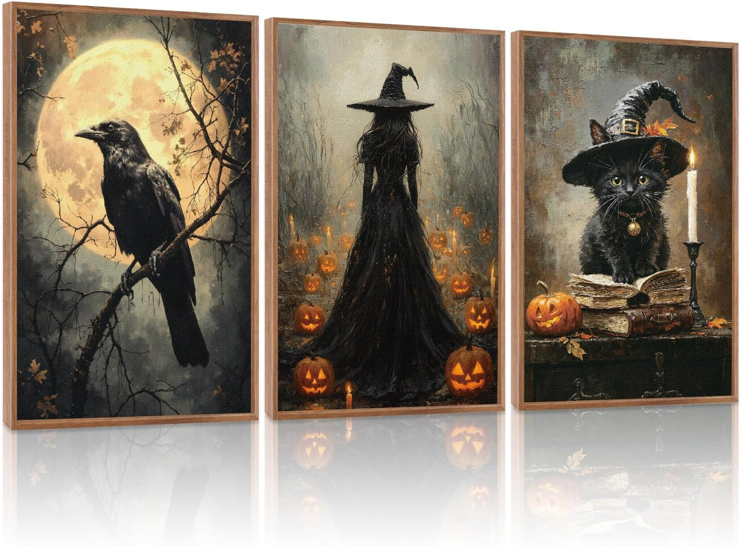 KAIRNE Framed Halloween Canvas Wall Art,Dark Witch Crow Prints,Black Cat Painting,Horror Gothic Pictures Set of 3 (16”X24”),Scary Halloween Wall Decor for Party Living Room Bedroom Office Decoration