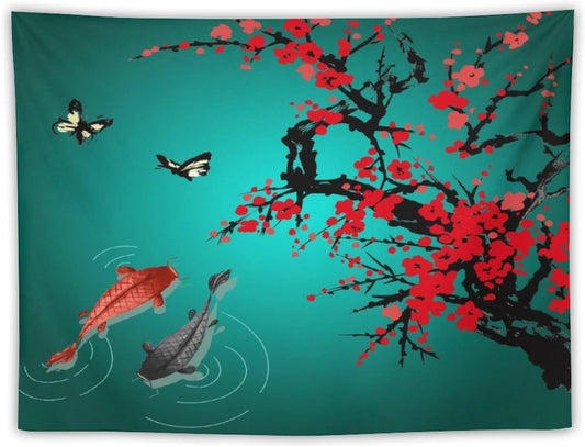 Houselerax Japanese Koi Fish Tapestry, Cherry Blossoms Asian Oriental Green Teal Floral Branch Koi Fish Carp Tapestries Wall Hanging for Bedroom Living Room Office Decor 60"x40"
