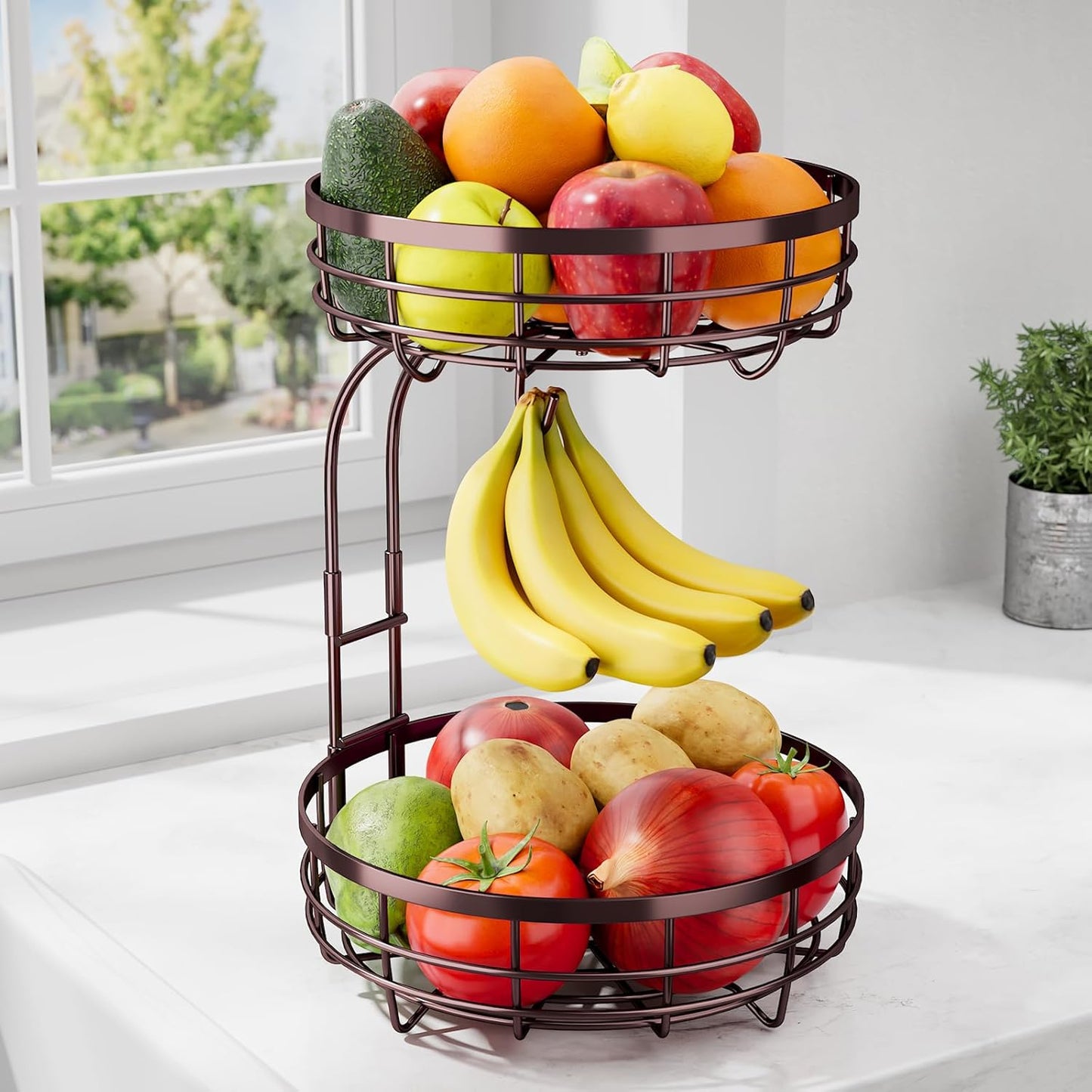 Fruit Basket for Kitchen Counter - 2-Tier Large Capacity Fruit Bowl with Detachable Banana Hanger, Rust-Proof Metal Fruit Holder for Vegetables, Bread, Toiletry,10" D x 10" W x 14" H, Brown.