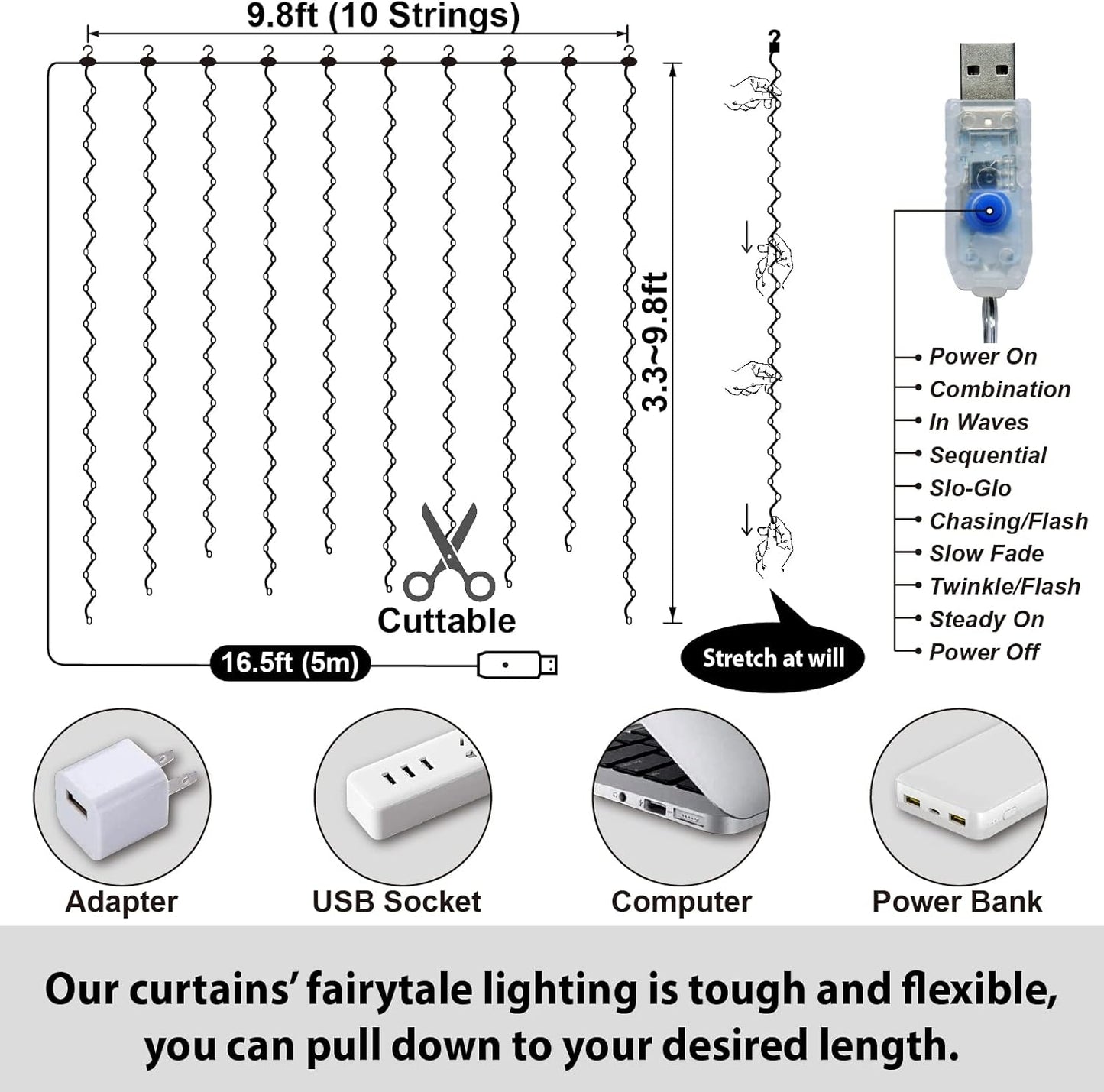 HXWEIYE 2 Pack Warm White 300LED Curtain Fairy Lights, 9.8x9.8Ft Led String Light with Rotating Clips & 12 Hooks, Timer & 8 Modes USB Plug-in DIY Decorative Light for Bedroom Indoor Outdoor Wedding