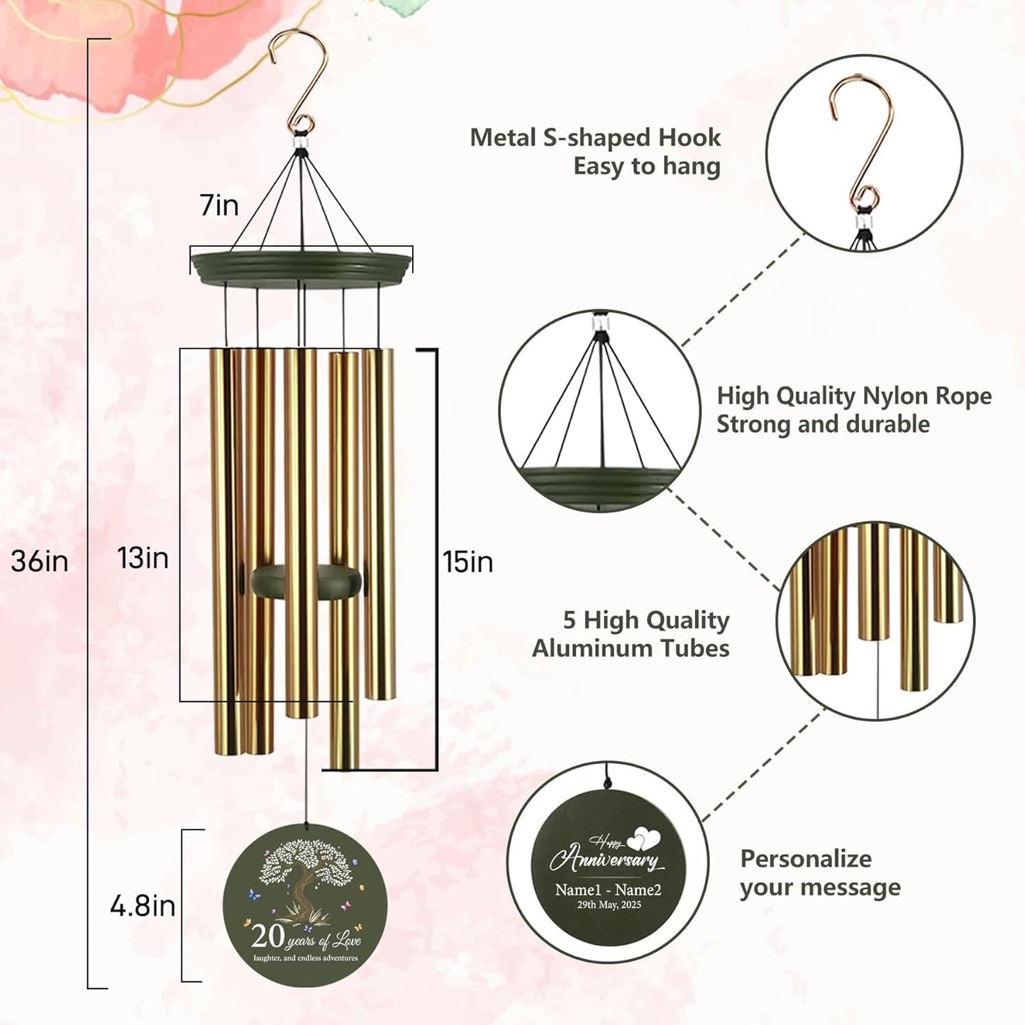 ASTARIN 20th Wind Chimes for Couple, Personalized Wind Chimes for Anniversary, Couple Gifts for Keepsake, Deep Tone Windchime Romantic Gift for Women Men