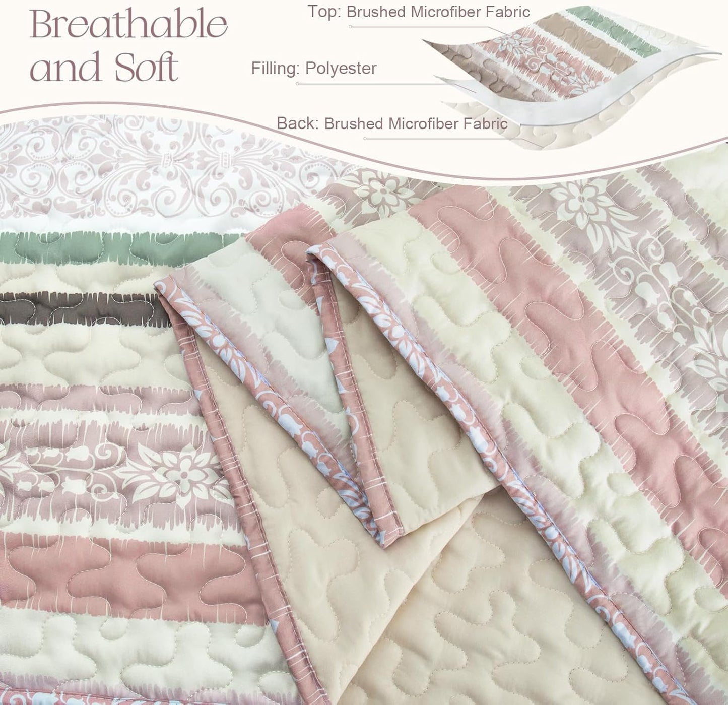 Exclusivo Mezcla Reversible Boho Quilt Set Queen Size, 3 Pieces Bohemian Pink All Season Bedspreads, Ultra Soft Floral Coverlet Bedding Set with Printed Pattern (1 Quilt, 2 Pillow Shams)