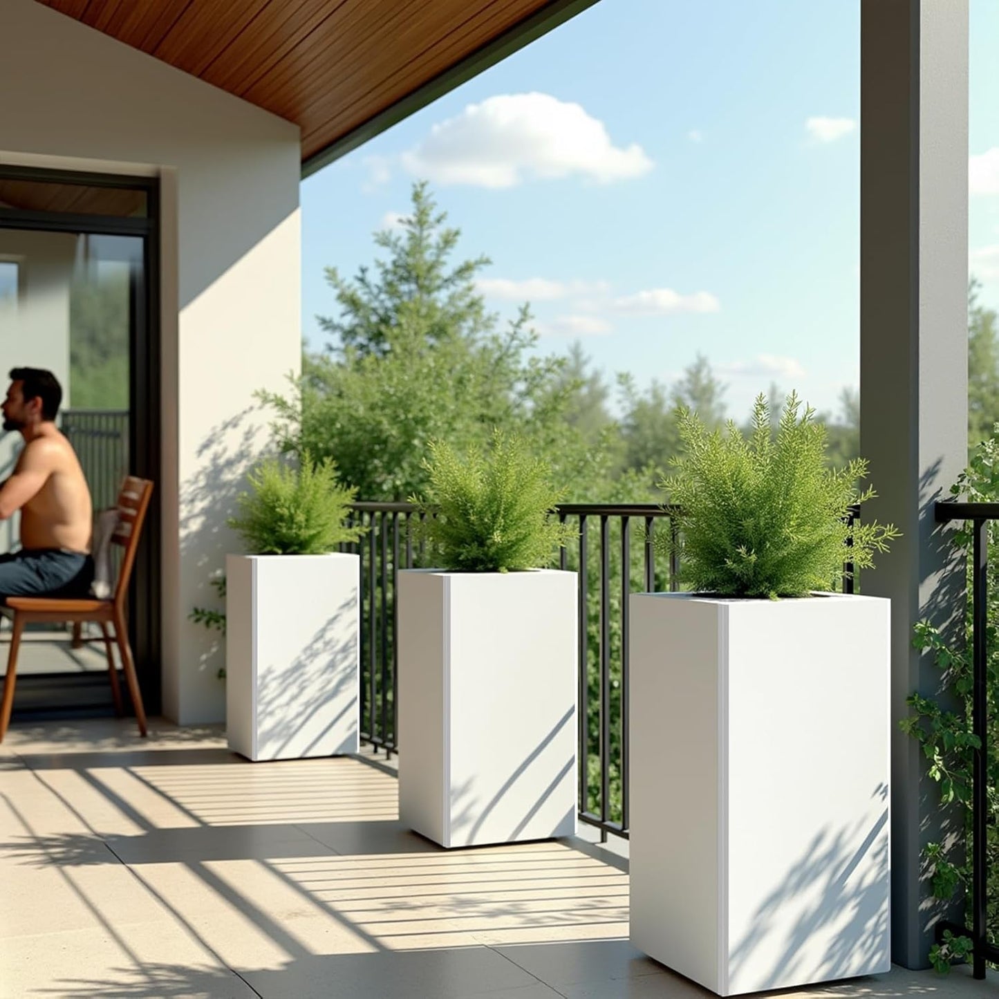 Galvanized Steel Metal Planter, 28 Inch White Square Outdoor Planters with Removable Insert Shelf and Drain Holes, Heavy Duty Flower Pot Modern Commercial Residential for Trees Patio Deck Yard Garden