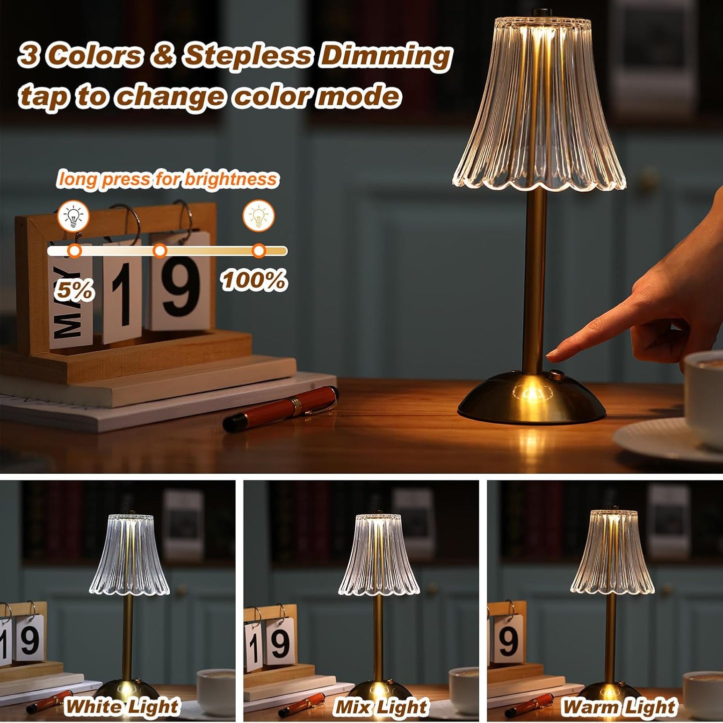 Liliful 1 Pcs LED Portable Cordless Table Lamp Touch Battery Operated Rechargeable Desk Lamp 3 Color Dimmable for Bedroom Living Room Dining (Rose Style,Gold)