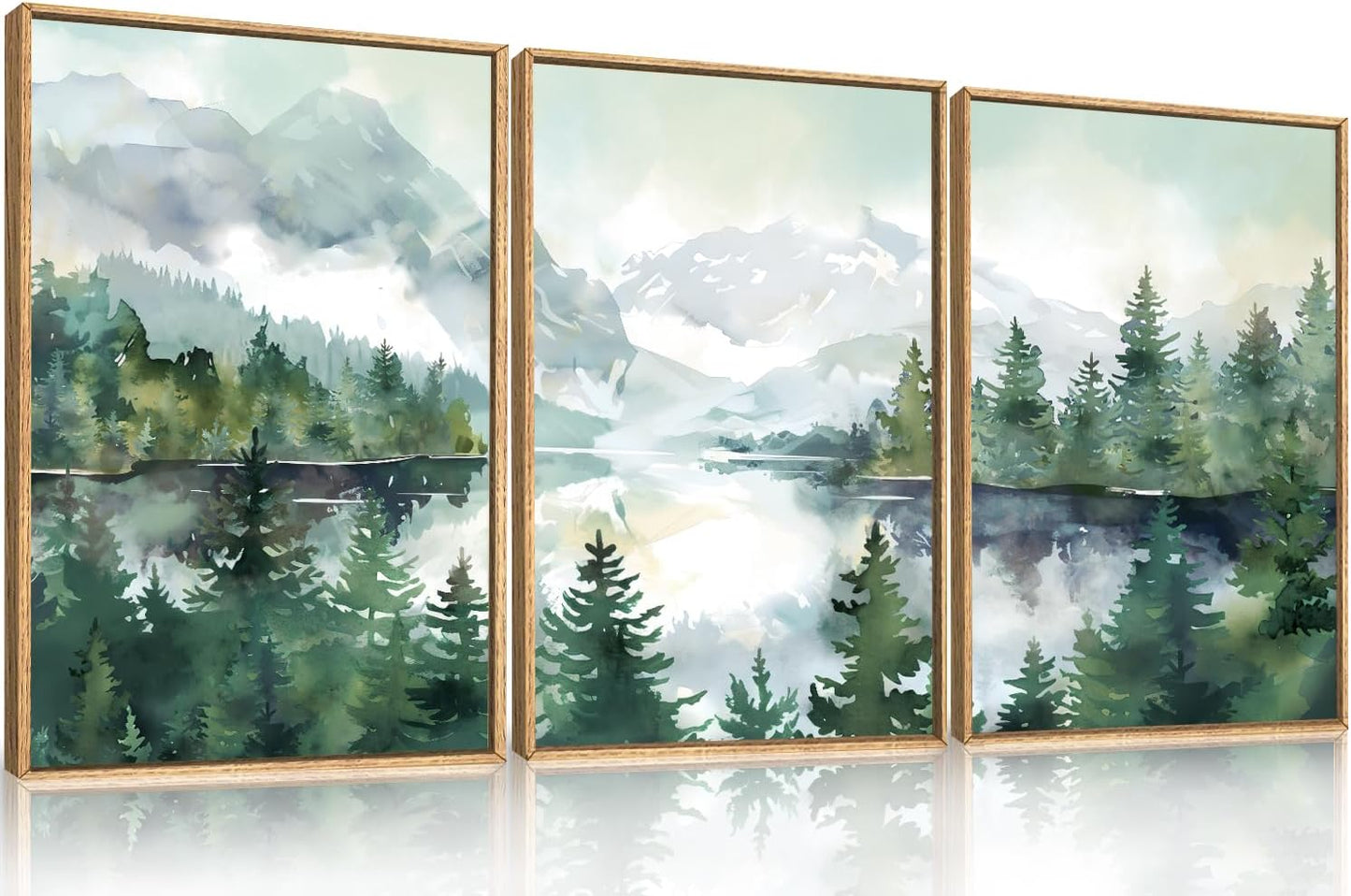 Watercolor Mountain Framed Canvas Wall Art Set, Boho Forest Wall Decor, Nature Green Pines Wall Painting, Forest Wilderness Artwork for Living Room, Bedroom, Dining Room, Office - 16"x24"x3