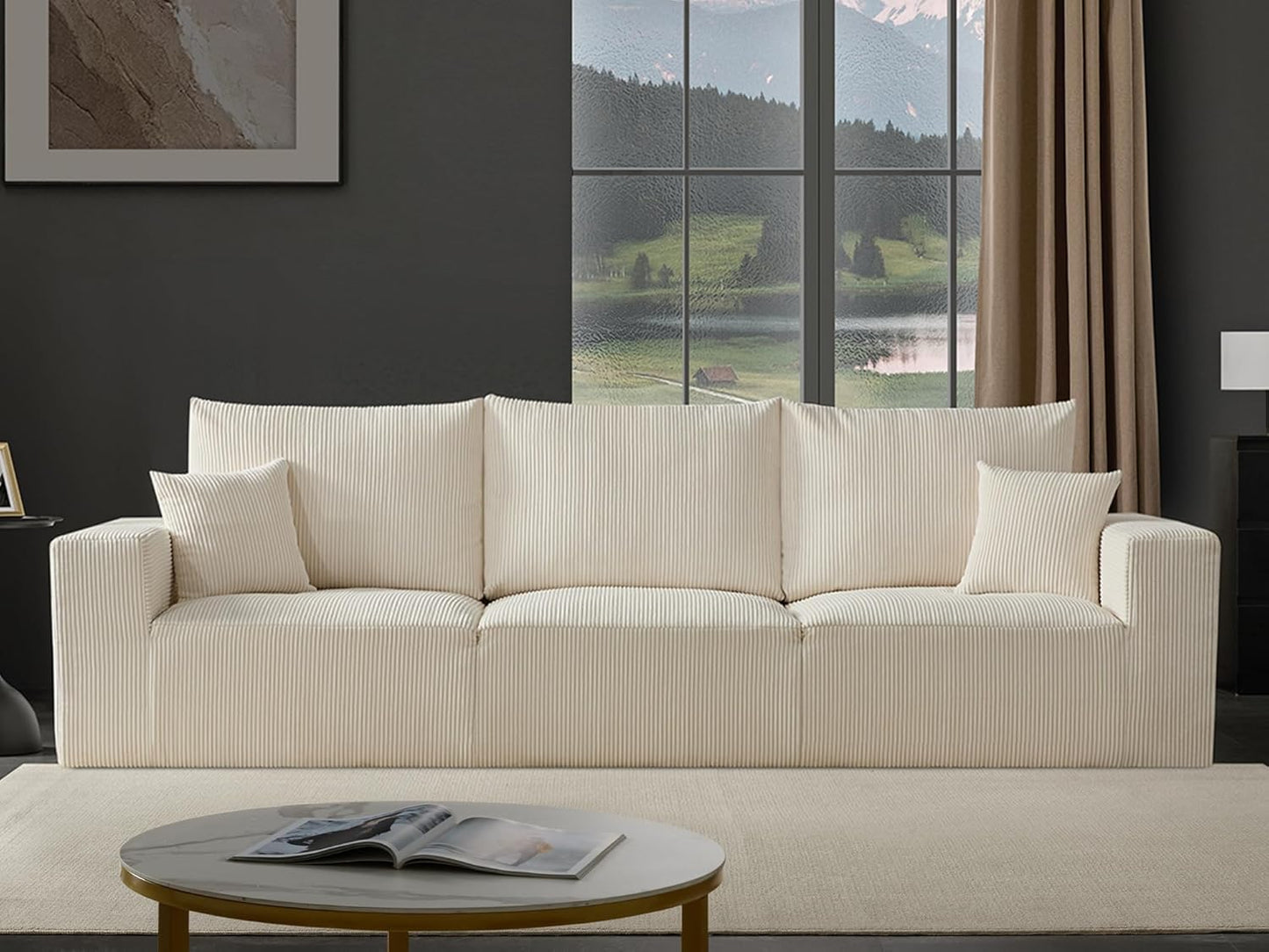 Boneless Cloud Couch Sofa for Living Room, 112" 3 Seater Beige Modern Lounge Sleeper Couch, No Assemble, Cordury Compression Upholstered Couches