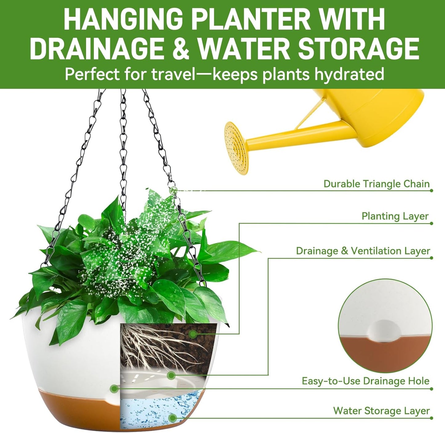 8 Inch Hanging Planters for Indoor & Outdoor Plants (2 Pack) - Self-Watering & Drainage Flower Pots with 2 Kinds of Plant Hangers for Home Decor & Garden (White, 8 in)