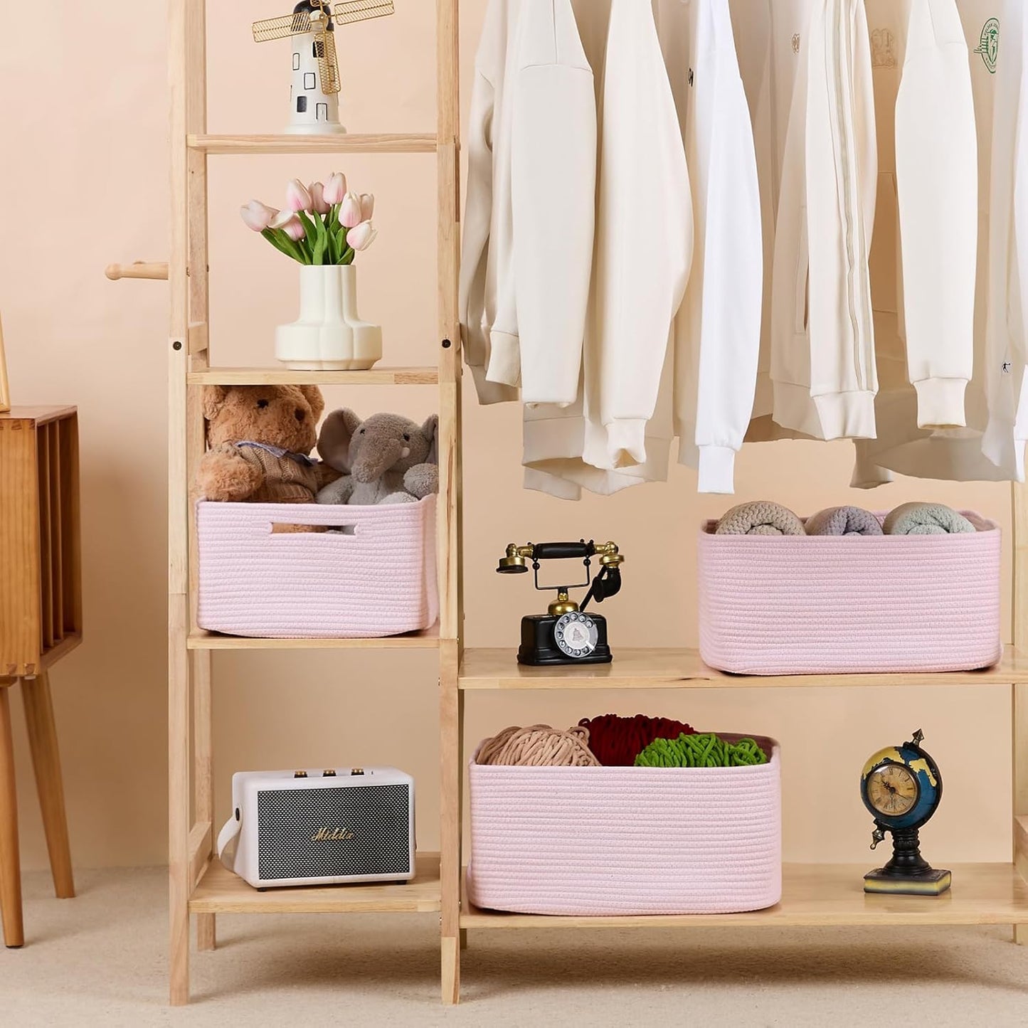Large Storage Baskets for Shelves, Closet Organizers Bins for Clothes Blanket Towels, Baby Nursery, Toy Baskets Box, Woven Rope Baskets, 17 x 13 x 7.5”, 2 Packs Light Pink