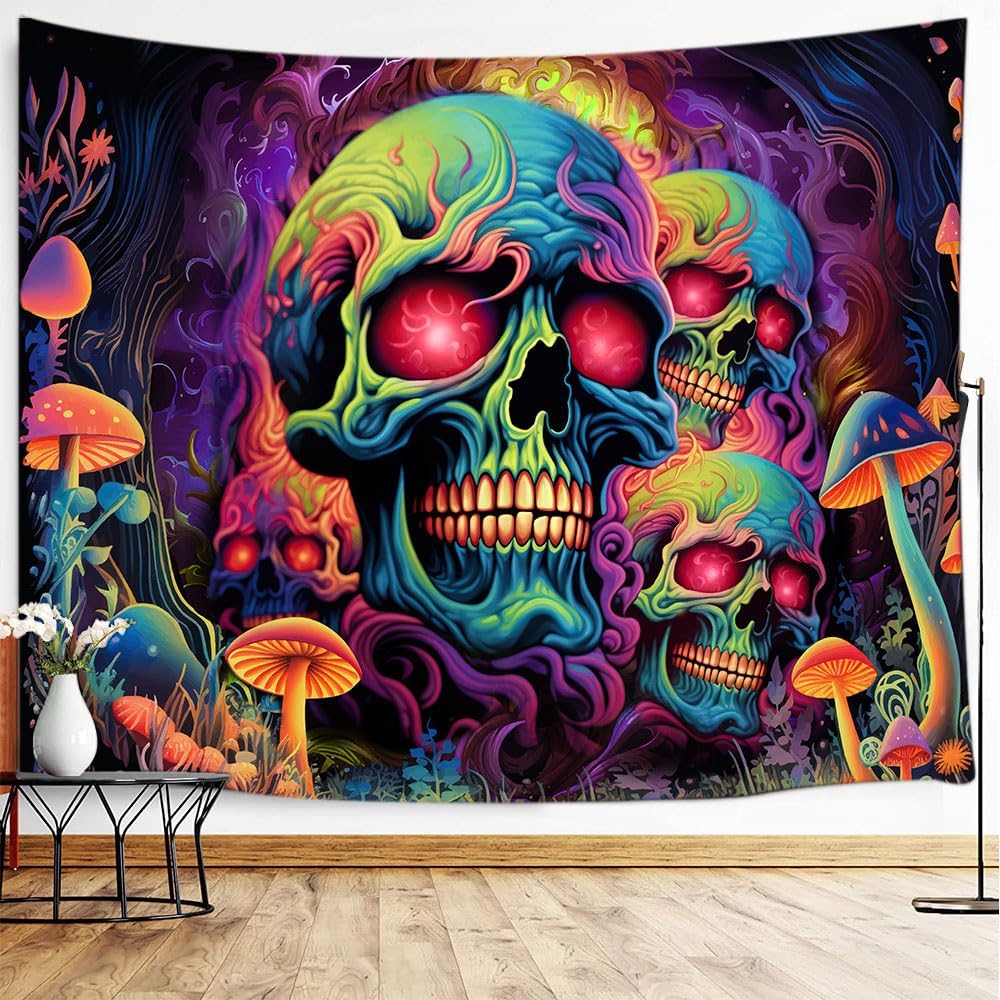 Xiaoput Skull Blacklight Tapestry, UV Reactive Skeleton for Bedroom, Halloween Wall Decor, Aesthetic Living Room Dorm 80x60IN