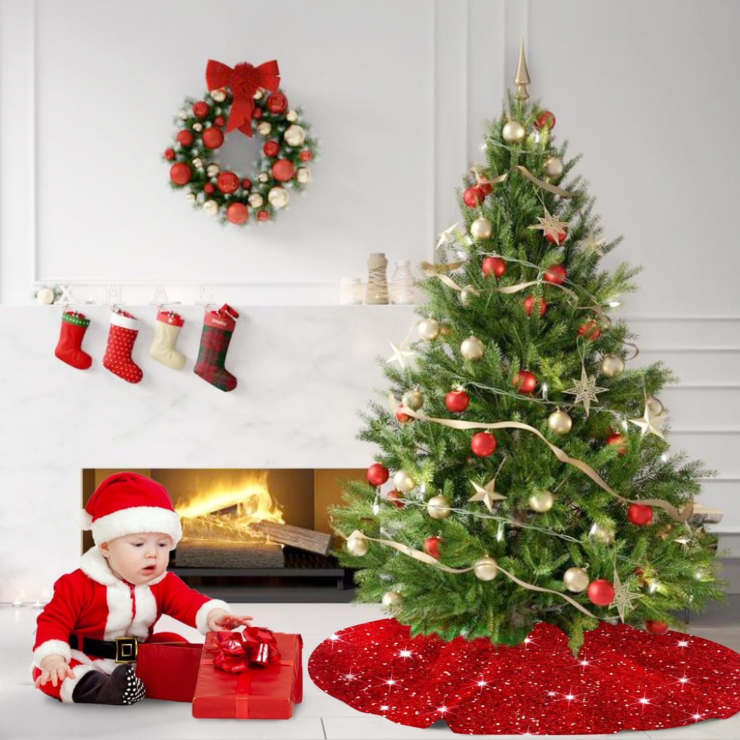 MODFUNS Sequin Christmas Tree Skirt Red Tree Skirt 46 Inch Sparkly Christmas Tree Skirt Thick Velvet Tree Mat Large Sequins Tree Skirts Collar Shimmer Tree Skirts for Christmas New Year Party