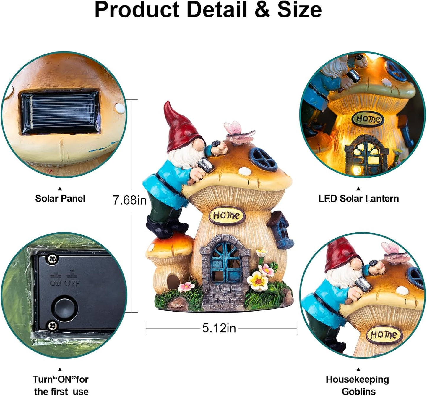 Garden Gnome Statues Figurine Lights - Solar Powered Lighting Outdoor Decorations, Gnome Build Mushroom Fairy House, Yard Art Lawn Ornaments for Porch Patio Balcony - Gnome Gifts for Women Mom