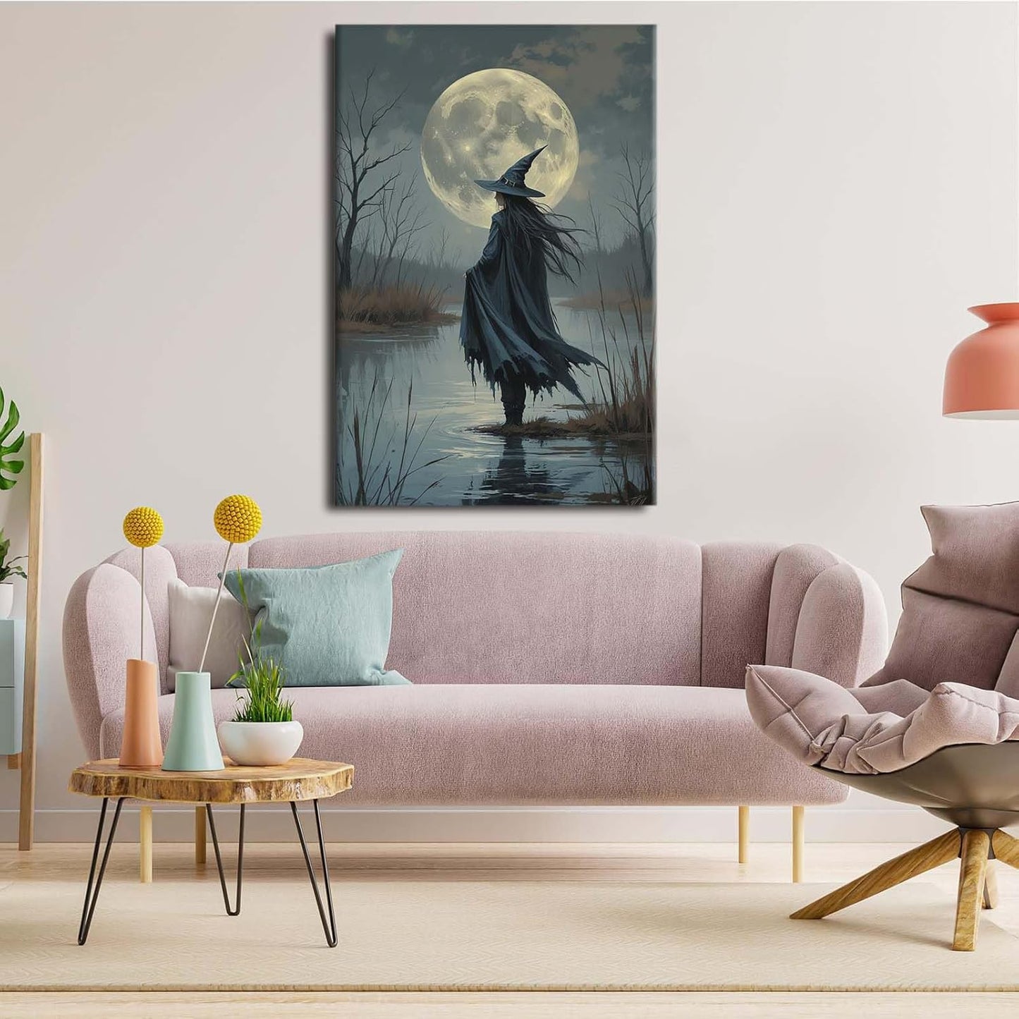 JFHCQJPK Witch in the moonlight magic canvas wall art enchanting Halloween home decor swamp witch silhouette oil painting mysterious gothic aesthetic wall decor print poster24x36in Frameless