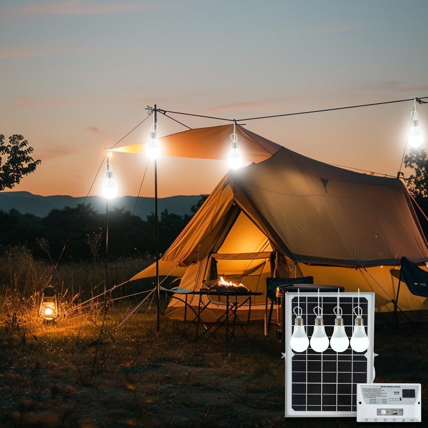 Solar Powered Indoor & Outdoor Pendant Lights with 4 LED Bulbs, Each 5m Cord, Waterproof, 6000mAh Battery for Yards, Gardens, Patios, Camping, RVs & Sheds