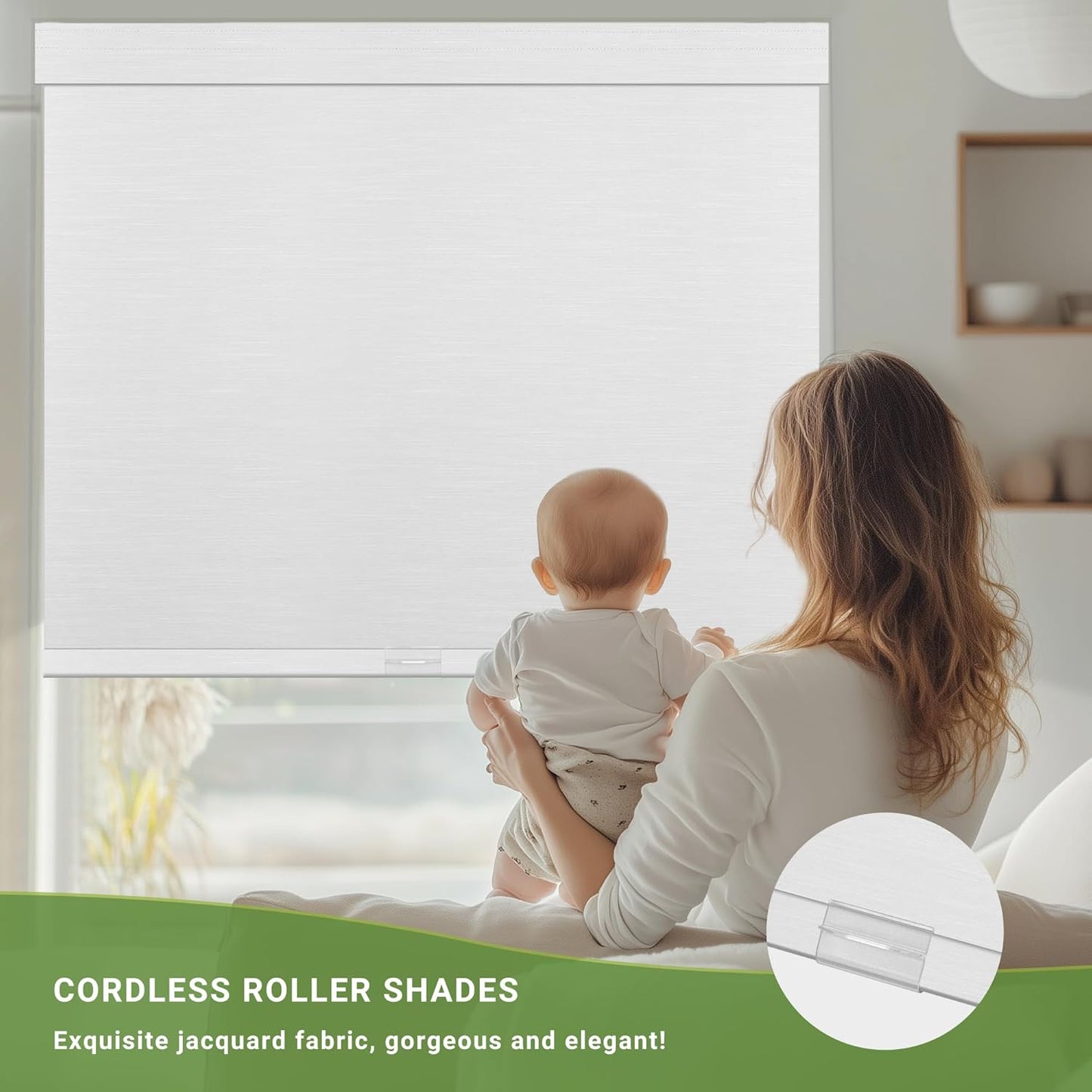 Blackout Roller Shades for Indoor Windows, Cordless Jacquard Fabric-Matched Roller Blinds, Easy to Install Privacy UV Protection Roll Up Blinds for Home Office, Pure White, 24" W x 72" H