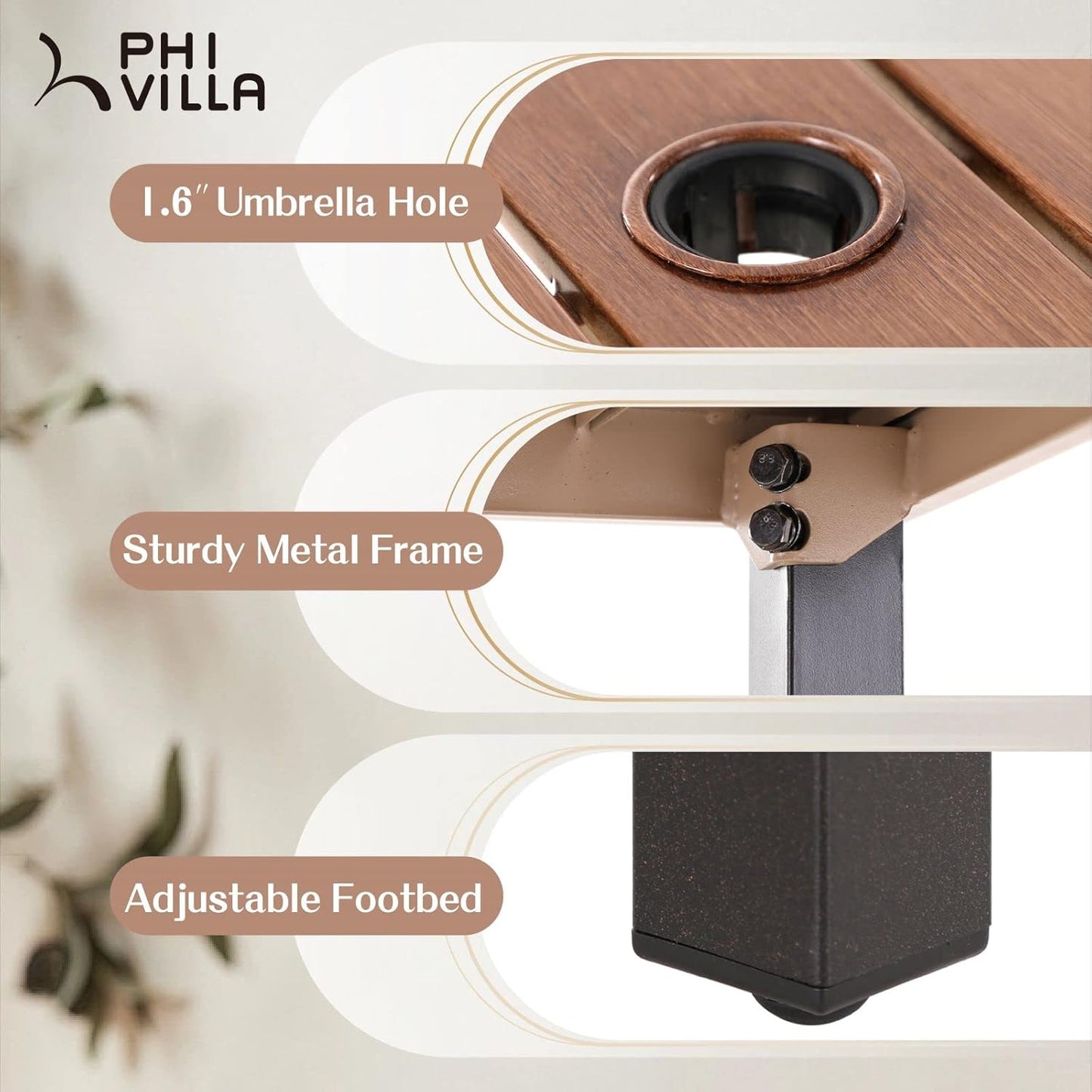 PHI VILLA 36"X36" Outdoor Metal Counter Height Table with 1.57" Umbrella Hole, Square Table with Teakwood-Brown Table Top and Black Table Legs for Outdoor and Indoor