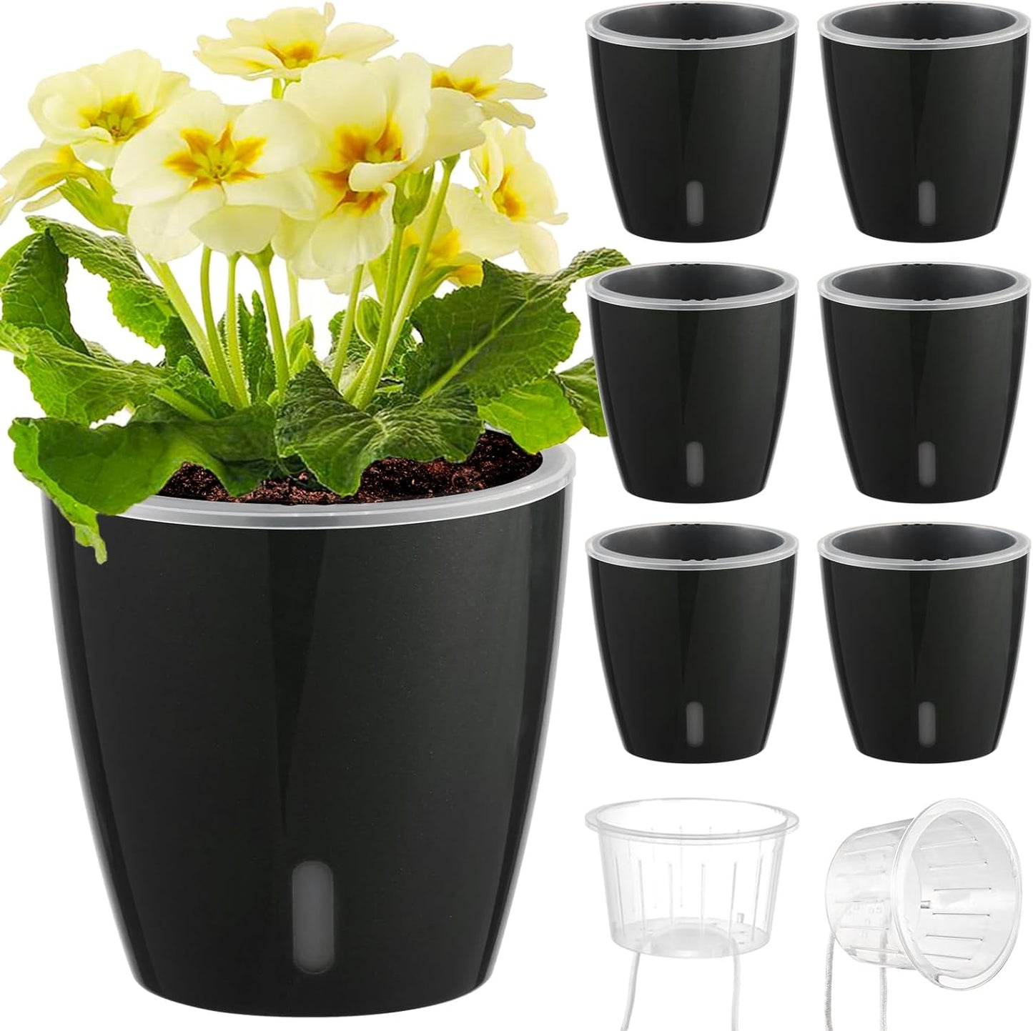 Self Watering Pots for Indoor Plants, 6-Pack 5'' Self Watering Planter with Drainage Holes, Small African Violet Pots with Water Indicator, Clear Wick Orchid Pot, Black