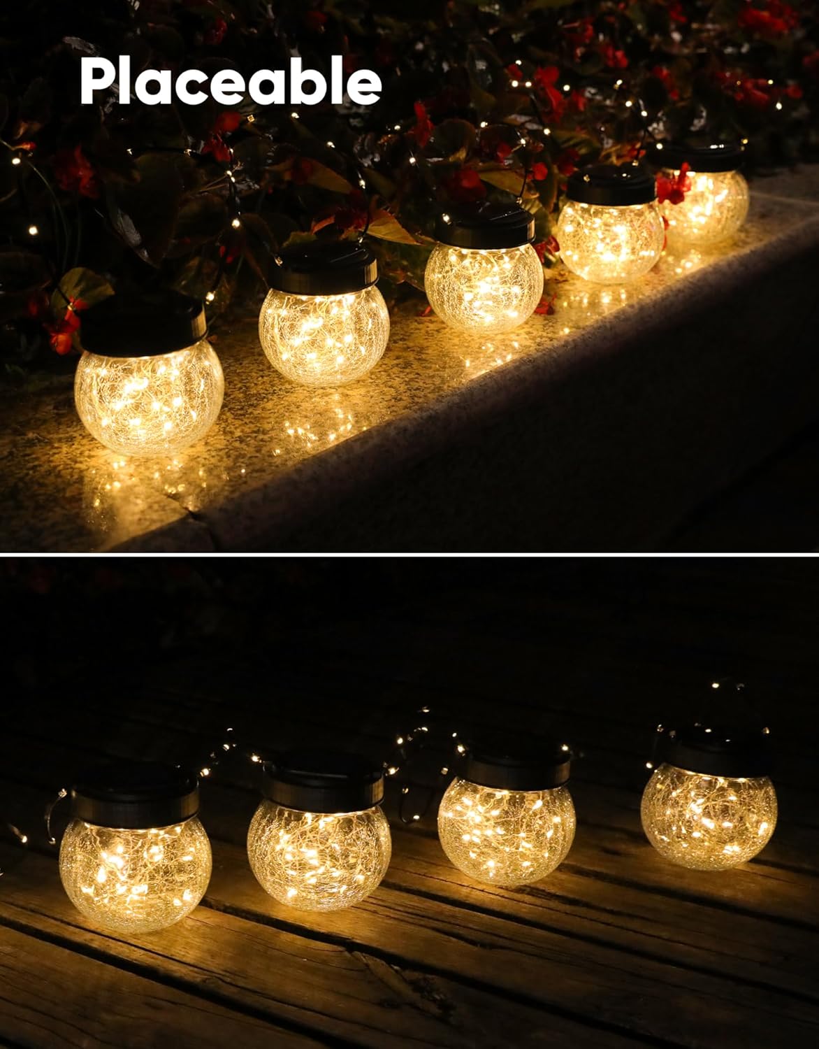 PARTPHONER Solar Lanterns Solar Lights Outdoor Waterproof 18-Pack, Solar Powered Hanging Lights Cracked Glass Hanging Globes for Christmas Decoration, Shepherd Hook, Garden Tree Ornaments