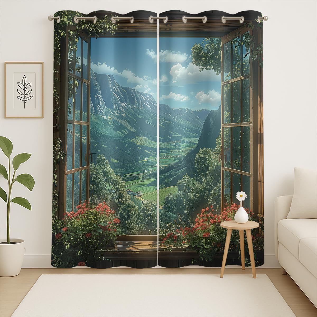 Mountain Blackout Curtains for Girls Boys Teens Home Decor, Spring Sky View Nature Forest Flower Grommet Thermal Insulated Drapes Darkening Window Curtain for Bedroom Living Room, 84 x 84 Inch