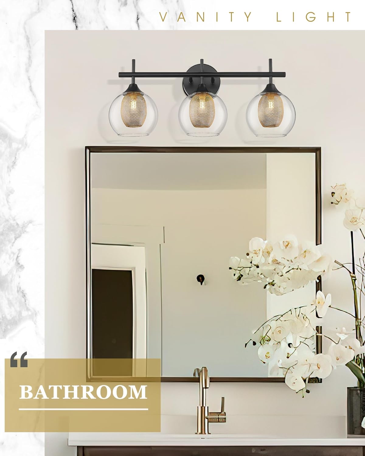 Bathroom Light Fixtures, 3-Light Black and Gold Vanity Lights Over Mirror, Farmhouse Wall Sconce Lighting with Clear Glass and Honeycomb Metal Shade, AD-22001-3W-BK
