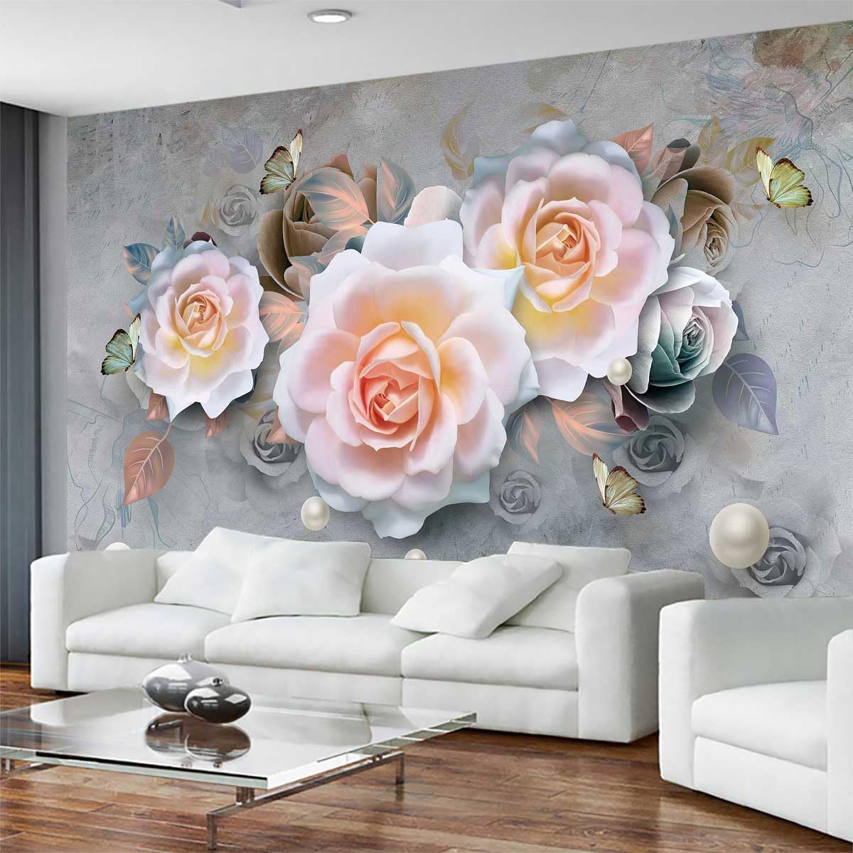 Modern Minimalist Fashion Wallpaper Flowers and Pearls Mural for Bedroom and Living Room Background Wall(Non-self-Adhesive)