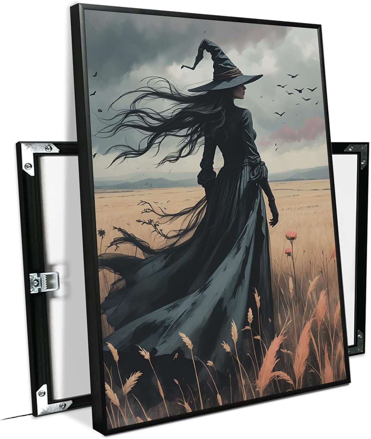 JFHCQJPK Gothic Decor Canvas Wall Art Witch in Rice Field Halloween Art Decor Print Nature Print Victorian Home Bedroom16x24in Metal blackFramed