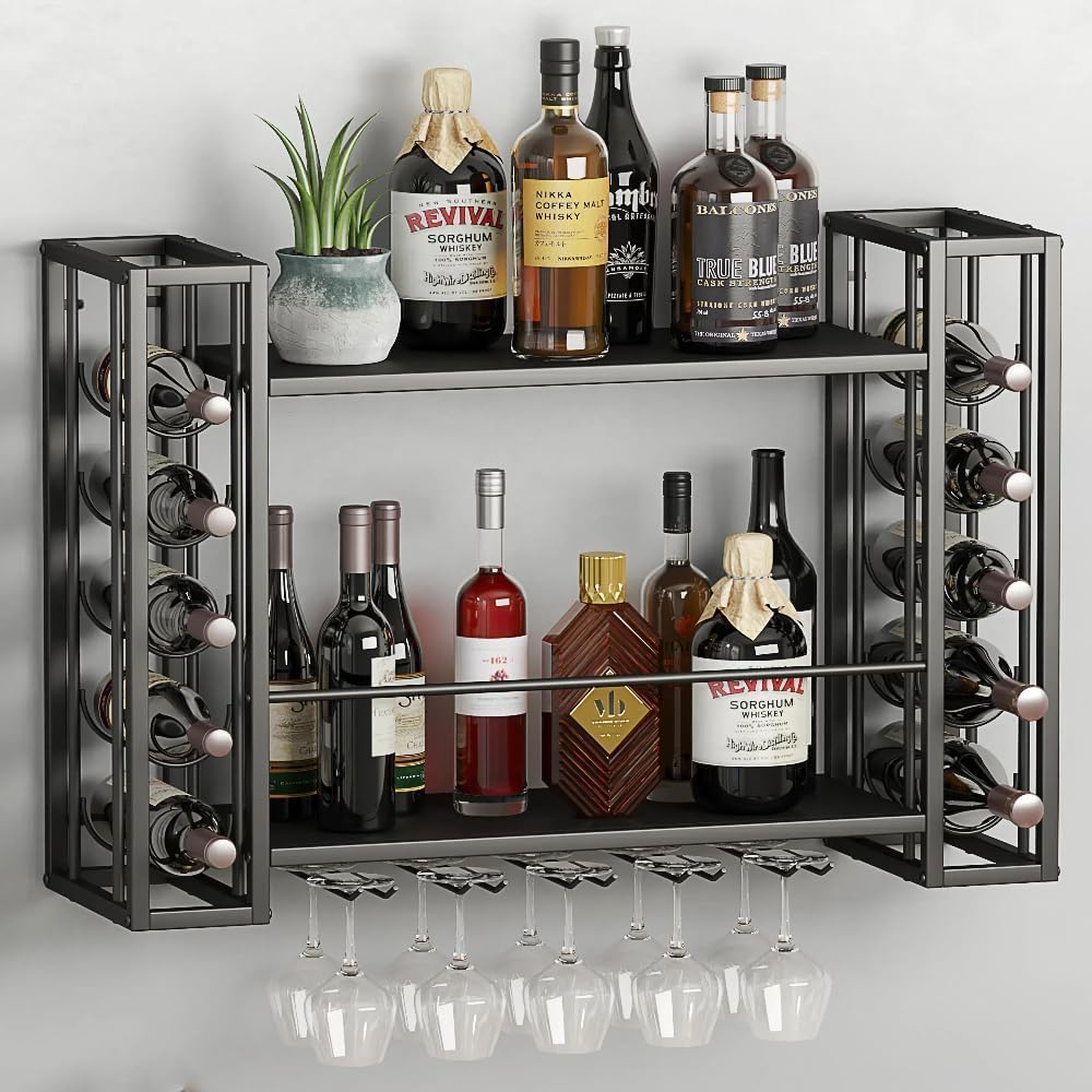 Wall Mounted Wine Rack, Wine Rack Wall Mounted with Wine Glass Rack, 2-Tier Multi-Functional Shelf for Home Restaurant Bar Storage Rack,Black (40”W x 9.8”D x 21.65”H)