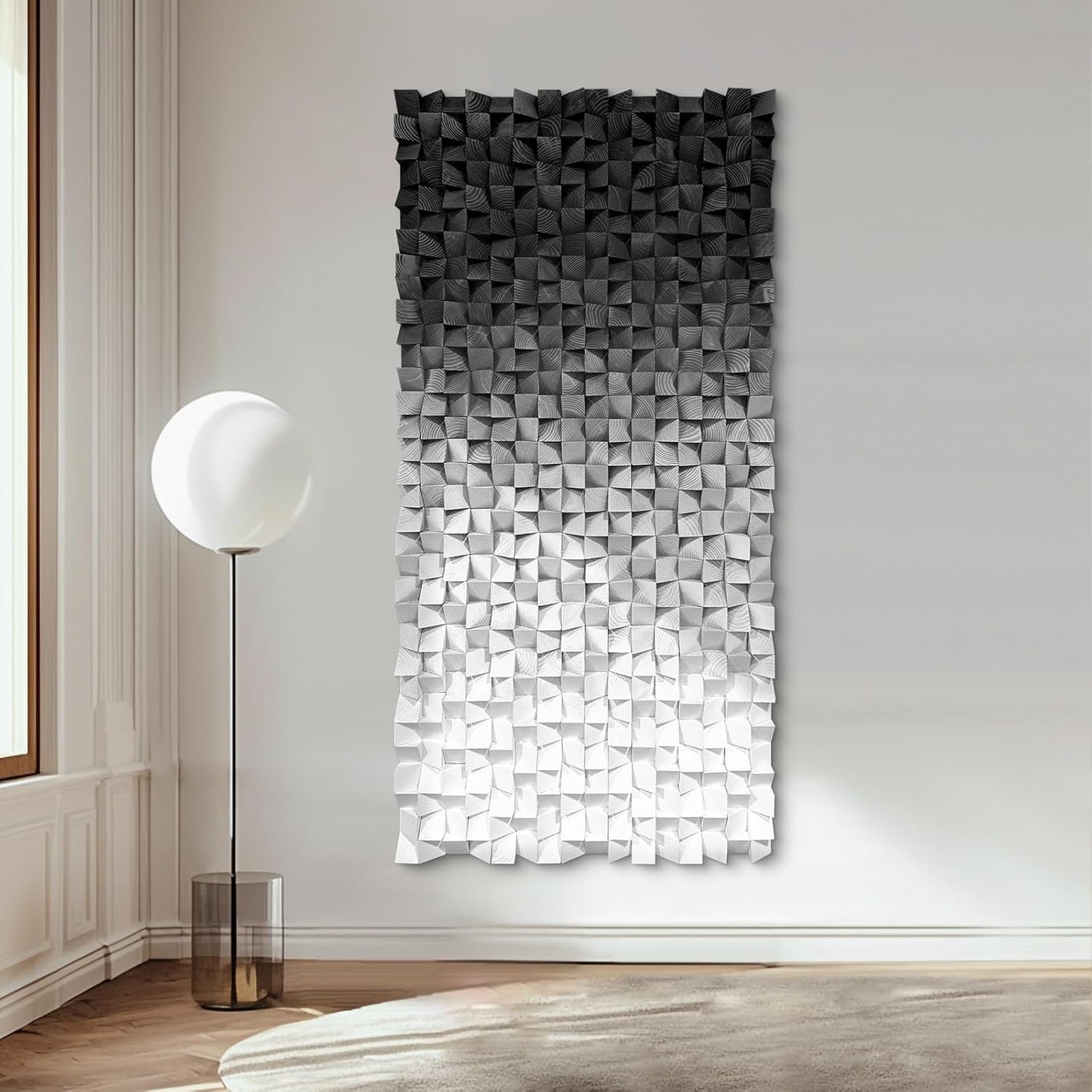 LIUZEYUE - Wooden Block Stereoscopic Painting Geometric Modeling Wall Decoration 3D Wooden Artwork Living Room Bedroom Background Wall Office Decoration Black and White Gradient 31.5 x 63 inches