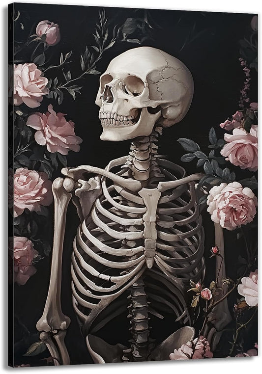OAAPITI Skull Floral Wall Art Vintage Skeleton Portrait Canvas Print Dark Gothic Skull Art for Living Room Bedroom Home Wall Decor Ready to Hang(Artwork-10,24"x36")