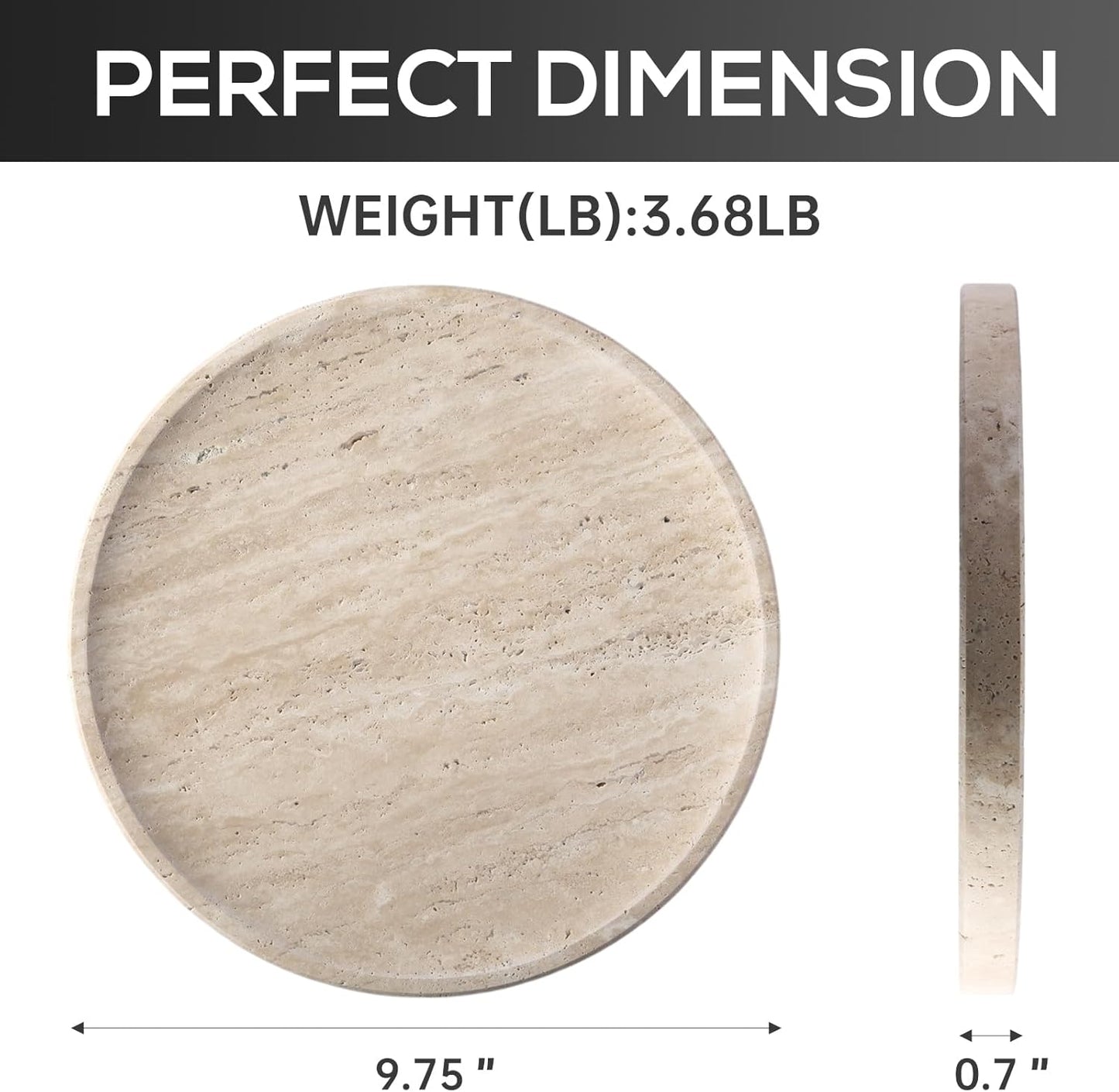 BCS Natural Travertine Tray, 9.8" Round Decorative Marble Vanity Tray for Bathroom Countertop, Kitchen Counter, Coffee Table, or Catchall, Stone Organizer for Jewelry, Perfume, Candles, Home Decor
