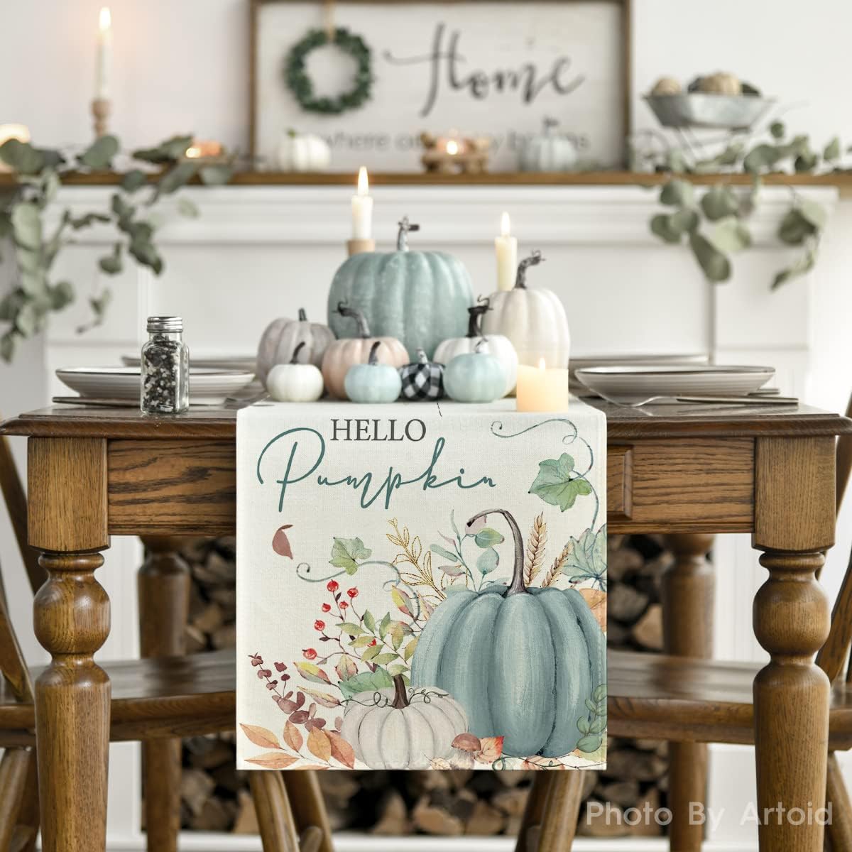 Artoid Mode Aqua Hello Pumpkin Leaves Fall Table Runner, Seasonal Autumn Kitchen Dining Table Decoration for Home Party Decor 13x108 Inch