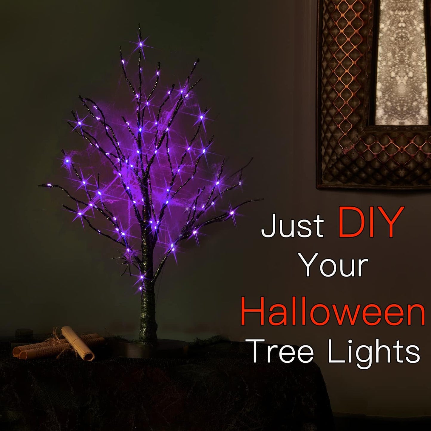 Fudios Lighted Halloween Tree with Timer 80 LED Purple Lights USB Plug or Battery Operated,18in Pre-lit Spooky Black Trees Table Indoor Home Decor