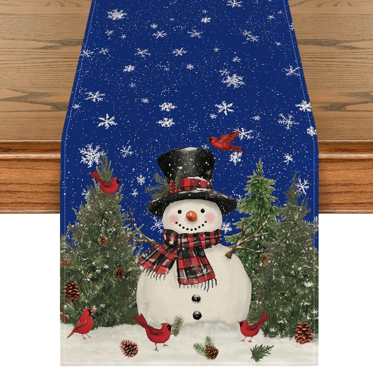 Artoid Mode Snowman Birds Trees Christmas Table Runner, Seasonal Blue Winter Holiday Kitchen Dining Table Decoration for Home Party Decor 13 x 60 Inch