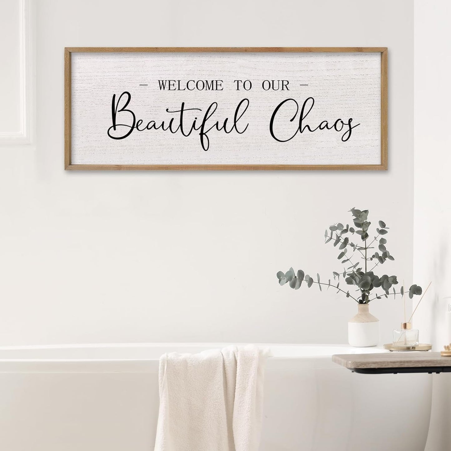 comurdyo Welcome To Our Beautiful Chaos Wall Decor Art 40"X15" for Home Entryway Sign Large Wood Framed Wall Hanging (Wood)