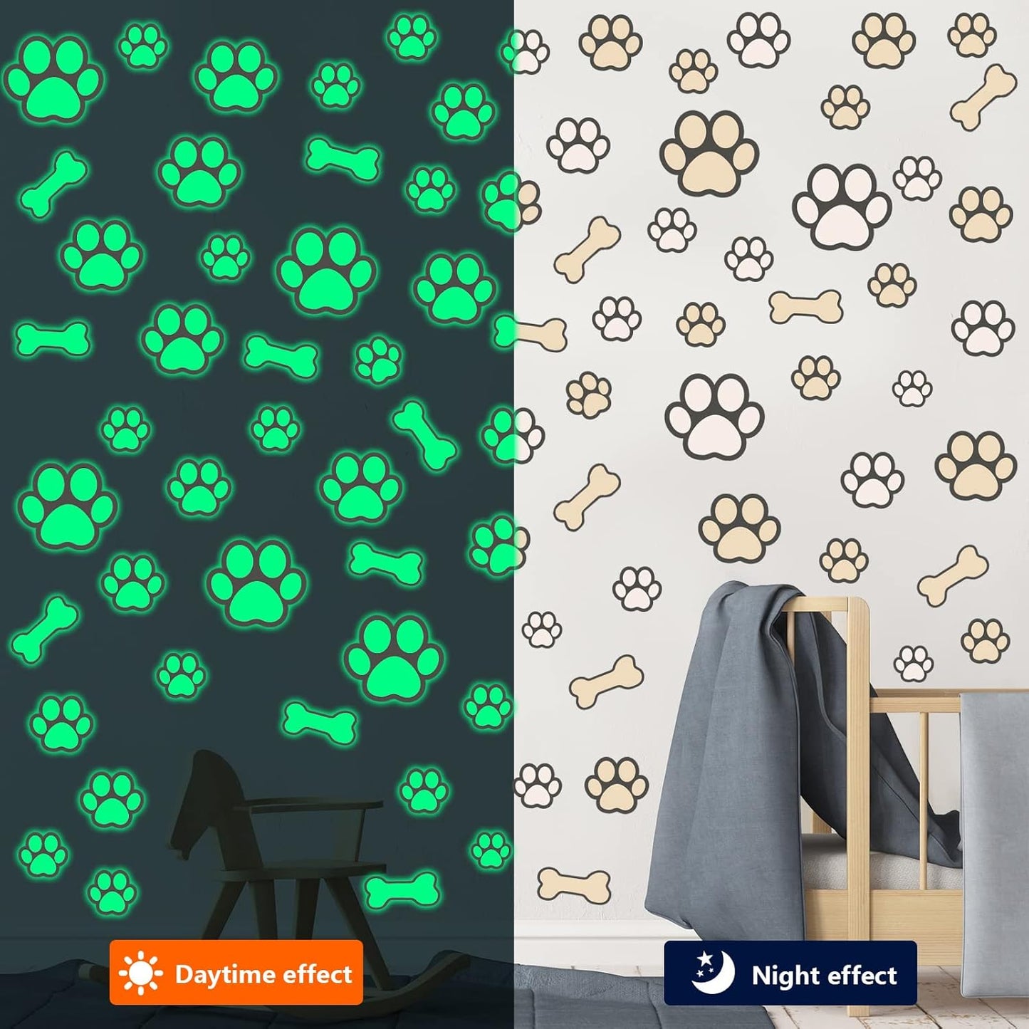 127 Glow in The Dark Dog Paw Stickers Luminous Removable Vinyl Wall Decals for Kids Nursery Bedroom(Green Light)