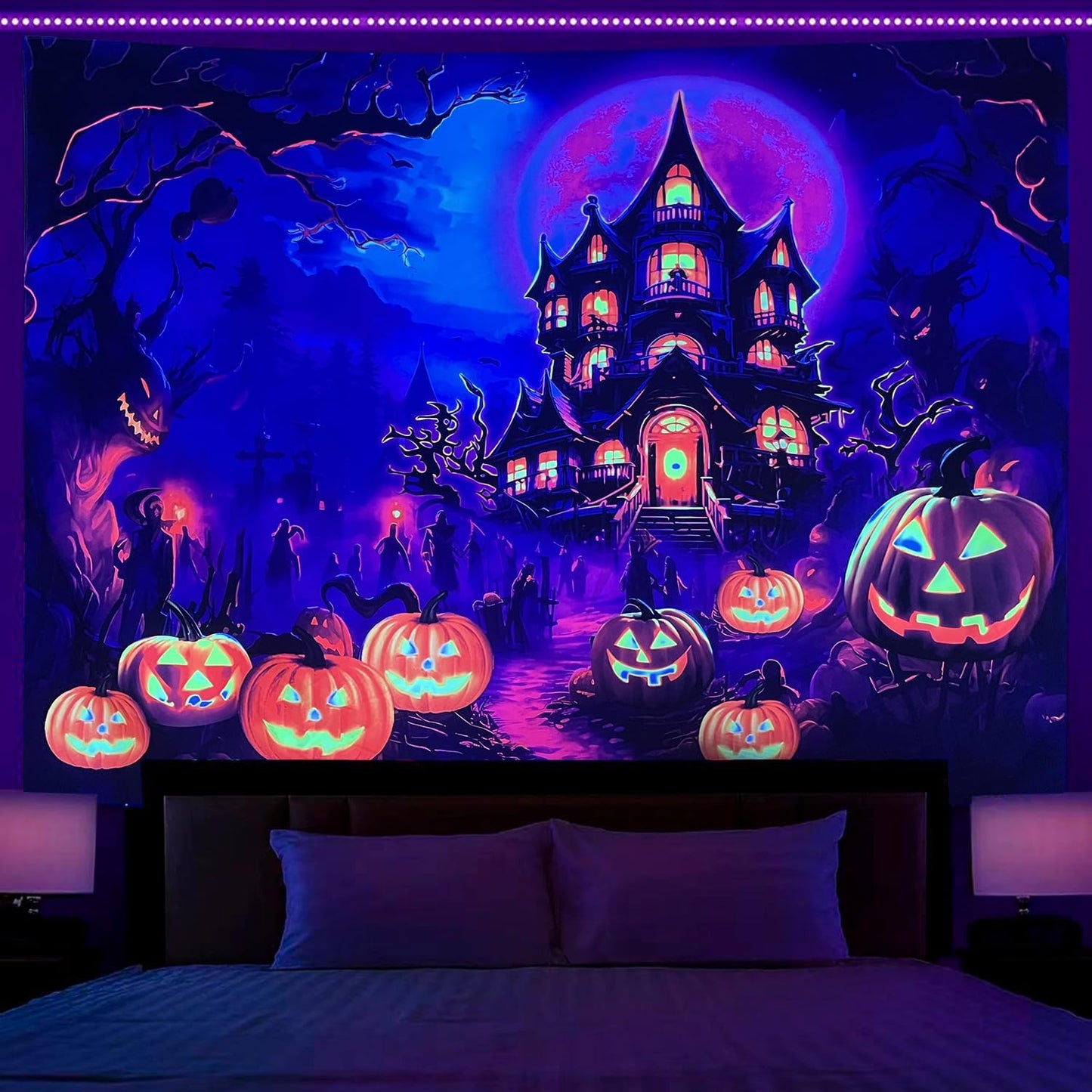 OSVINO Blacklight Halloween Castle Tapestry 59"x51" Pumpkins Ghosts Background Bedroom Aesthetic Hippie Room Decor Glow in The Dark Wall Poster for Halloween Easter