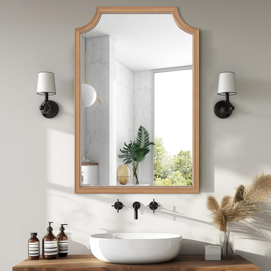 WallBeyond Wood Framed Mirror with Scalloped, 24" x 36" Farmhouse Arch Wall Mirror for Bathroom Entryway Living Room or Bedroom Home Decor [Honey-Colored]