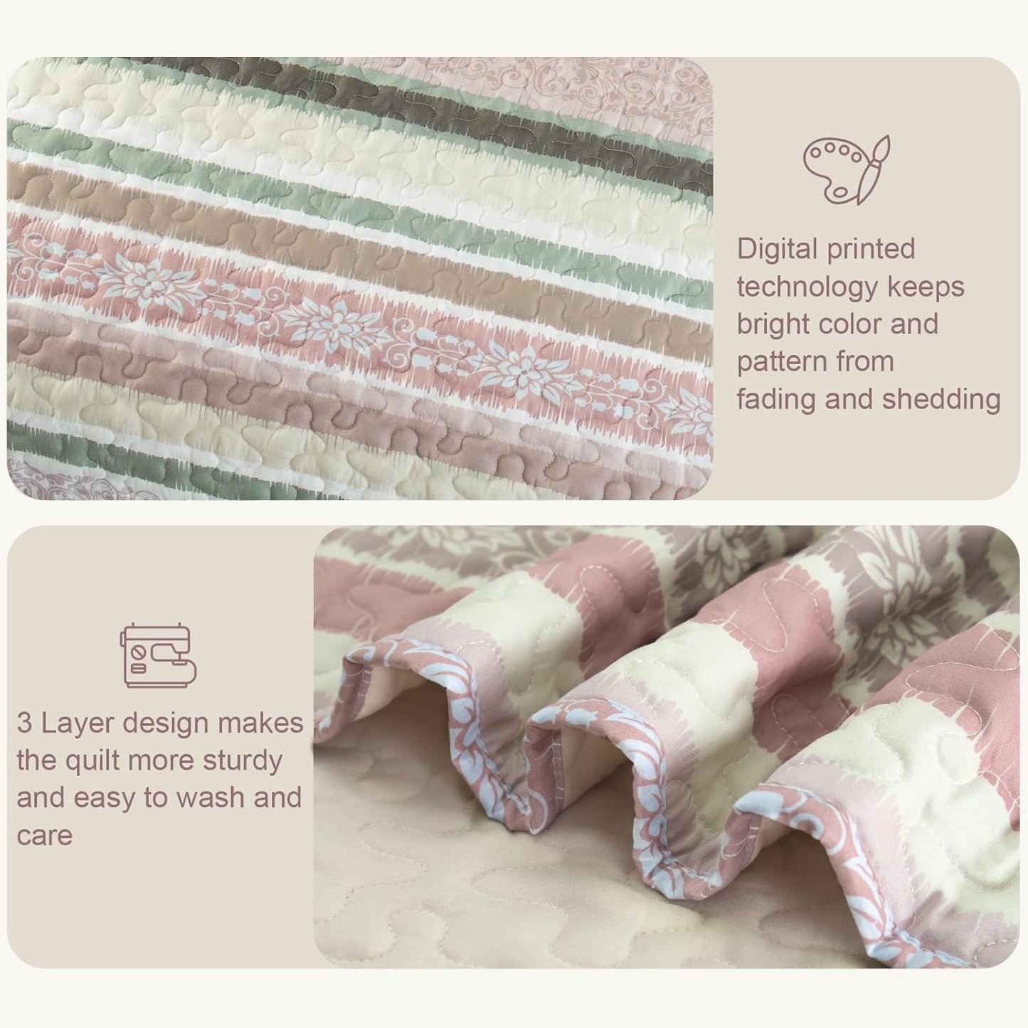 Exclusivo Mezcla Reversible Boho Quilt Set Queen Size, 3 Pieces Bohemian Pink All Season Bedspreads, Ultra Soft Floral Coverlet Bedding Set with Printed Pattern (1 Quilt, 2 Pillow Shams)