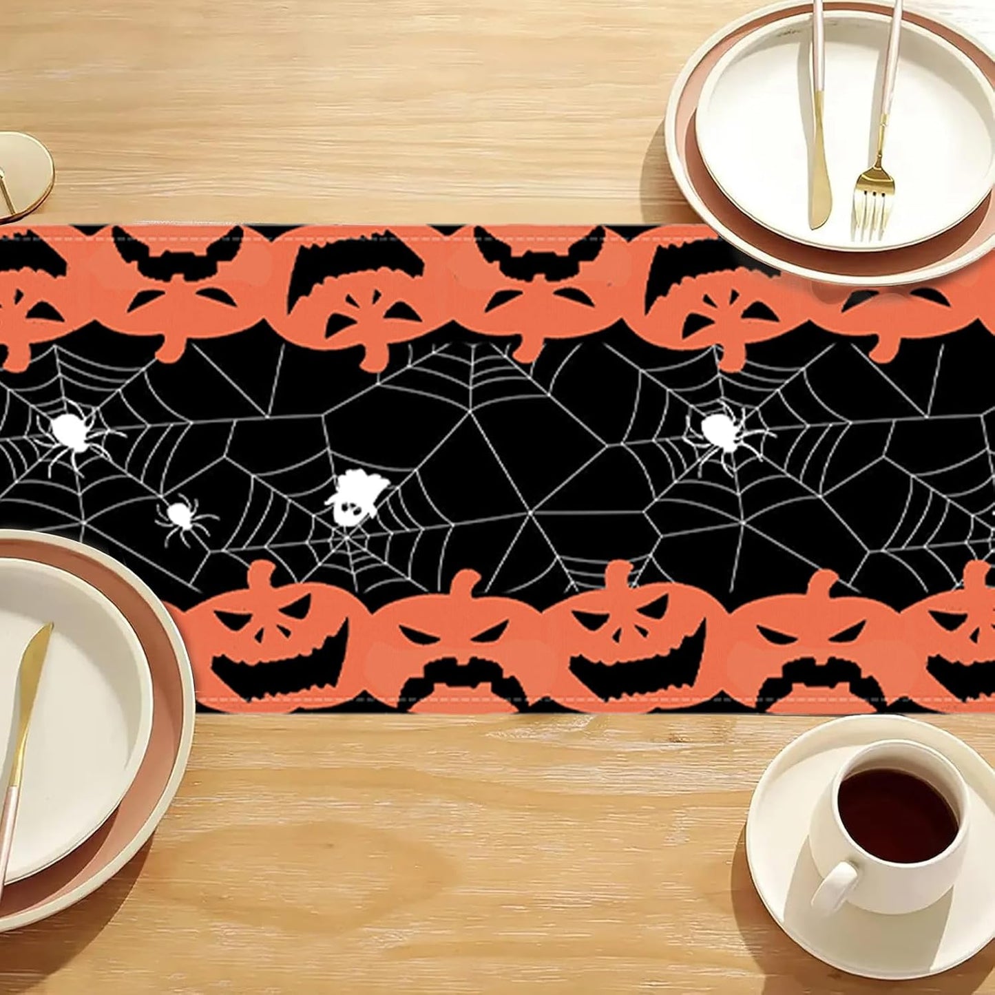 Halloween Long Table Runner Black and Orange Pumpkin Spider Web Table Linen Runner Kitchen Dining Table Runner Halloween Table Decoration for Holiday Indoor Outdoor Home Party Decor 13 x 72 Inch
