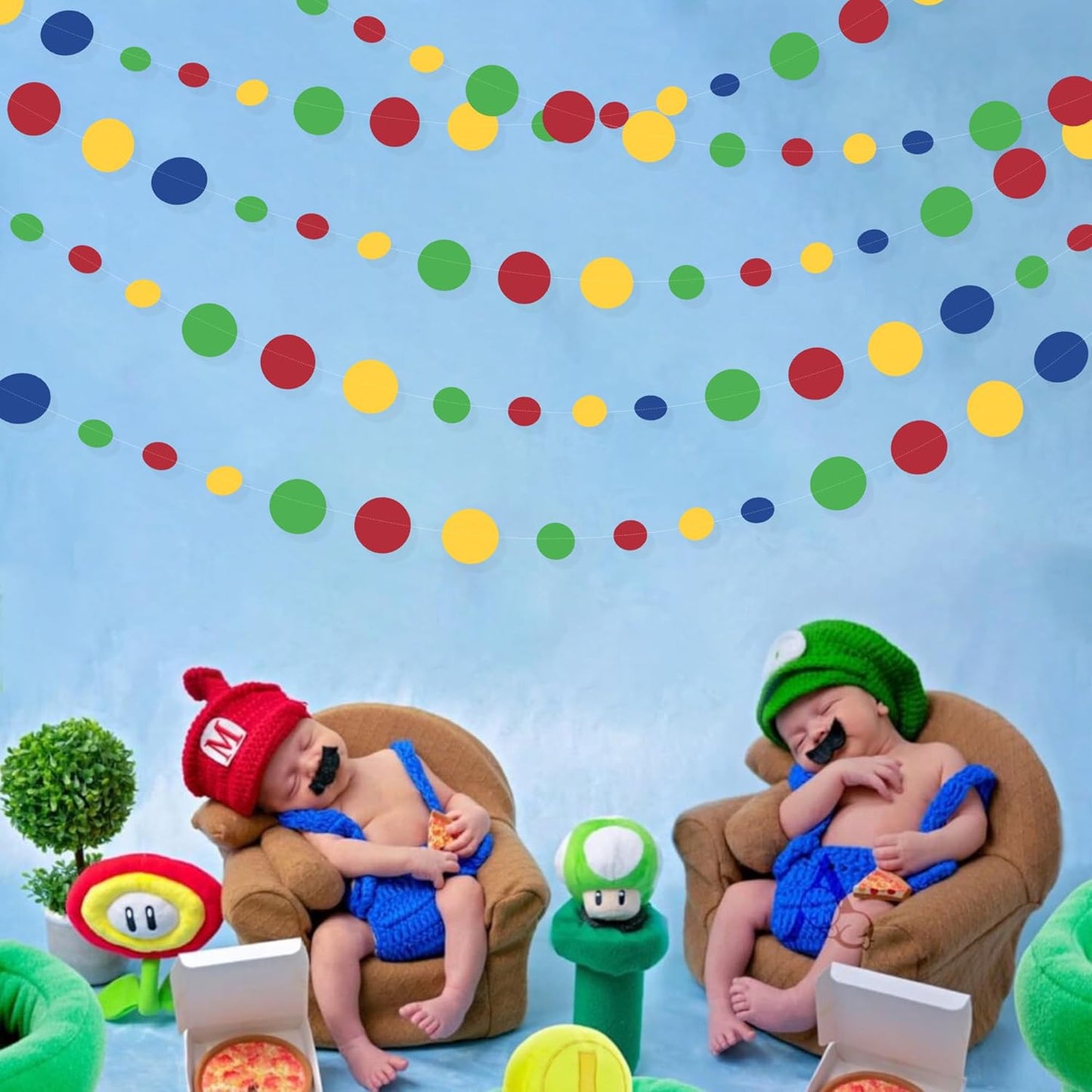 Super Mario Party Decorations Circle Dot Garland Red Blue Yellow Green Hanging Paper Polka Dot Streamer for Birthday Baby Shower Wedding Bridal Shower Carnival Circus Clown Fiesta Party Supplies