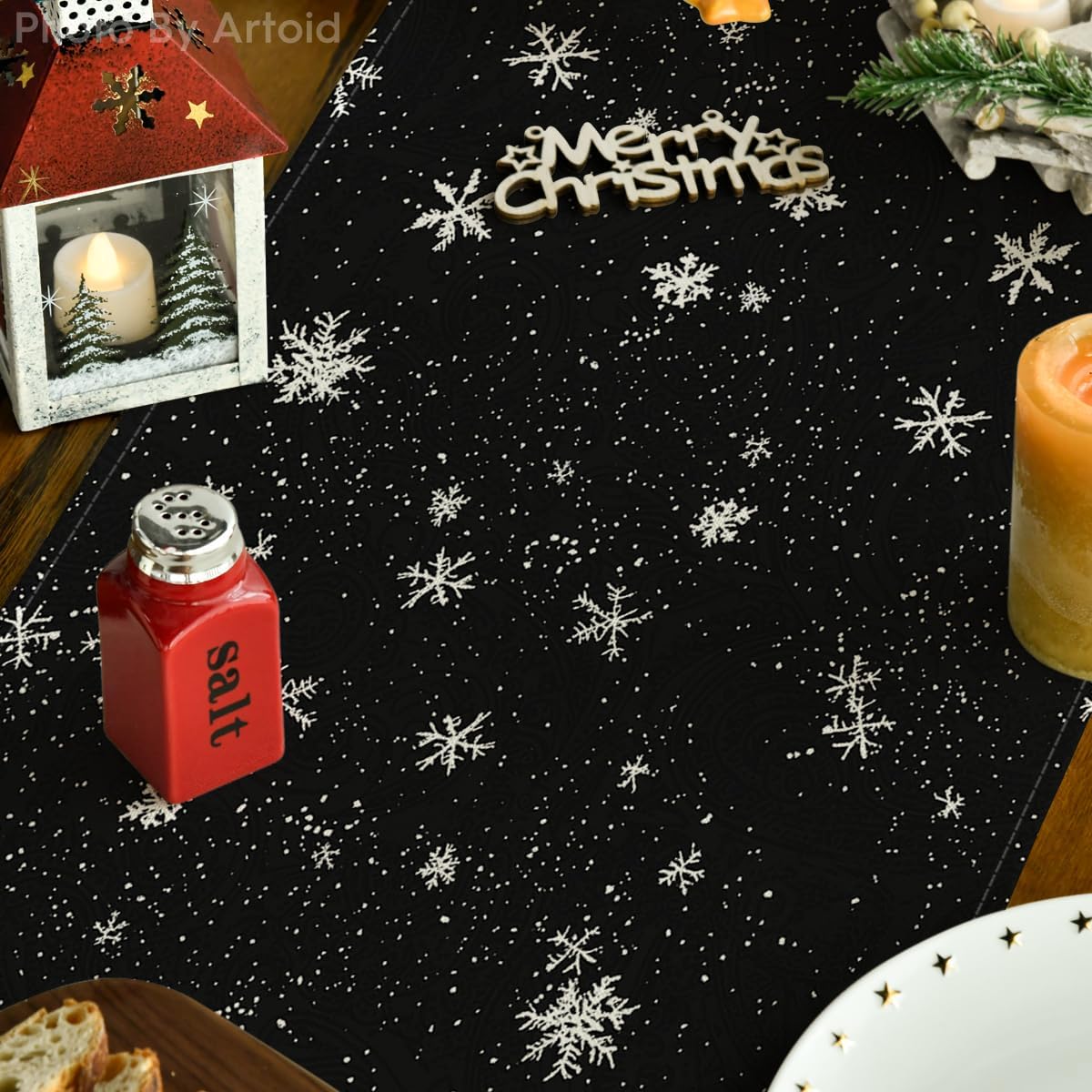 Artoid Mode Snowman Birds Trees Christmas Table Runner, Seasonal Black Winter Holiday Kitchen Dining Table Decoration for Home Party Decor 13 x36 Inch