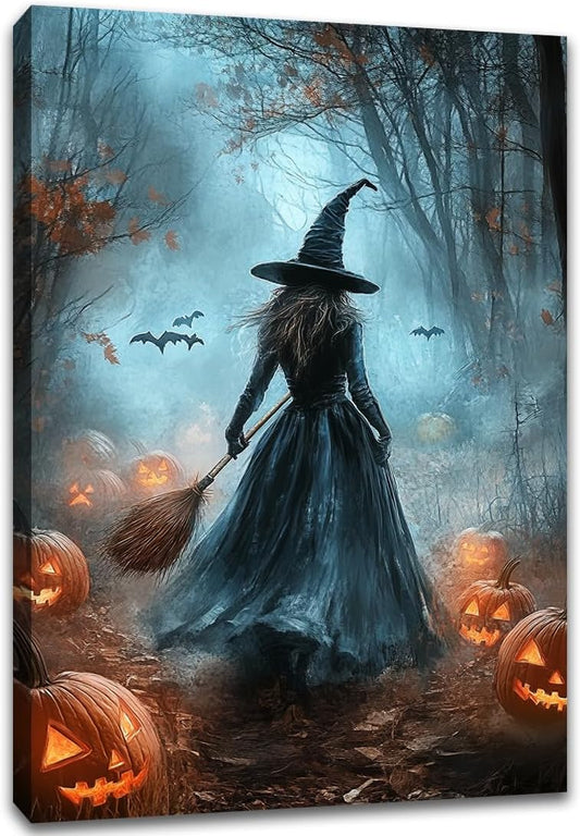 Vintage Moody Halloween Witch Artwork Wall Decor,Spooky Halloween Gothic Canvas Artwork Creepy Horror Witch with A Broom Pumpkin Bats Rustic Forest Picture,Dark Academia Poster,16"x24" Framed