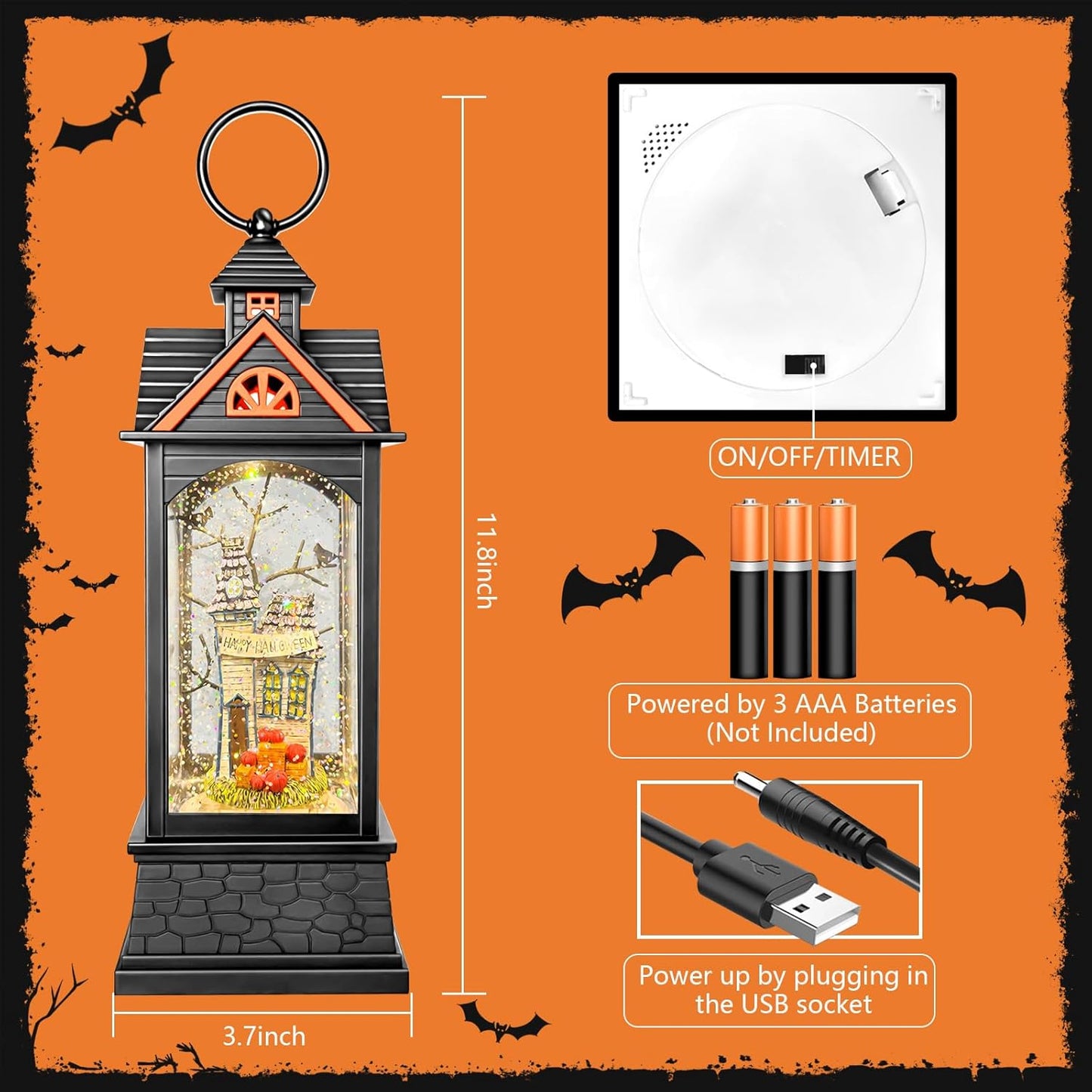 Halloween Snow Globe Lantern, Spooky Ghost Halloween Decor, Plug-in & Battery Operated Snow Globes for Halloween Decorations Indoor