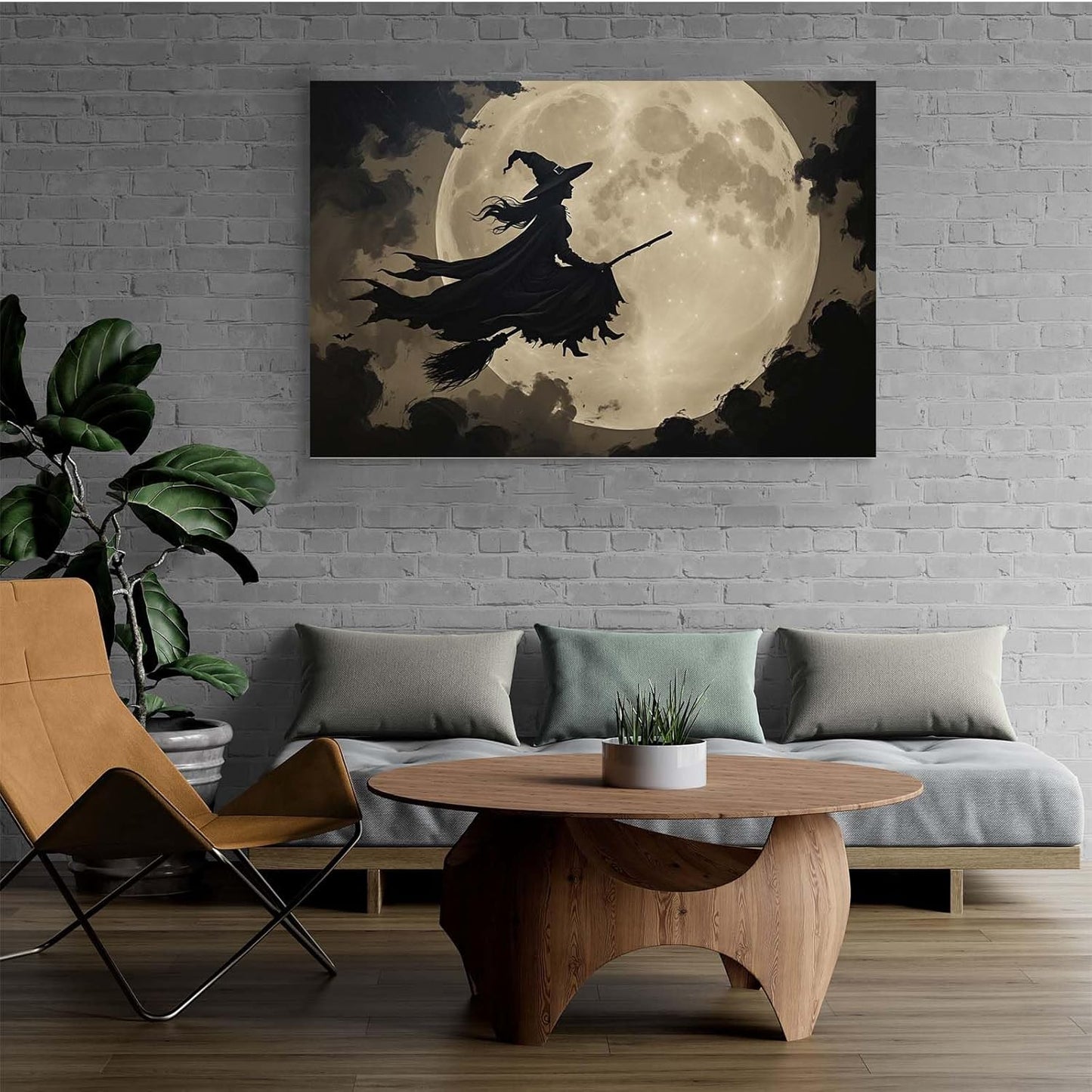 JFHCQJPK Full moon witch silhouette poster witch on magic broom Halloween mural poster decorative mural art suitable for home living room bedroom12x16in Frameless