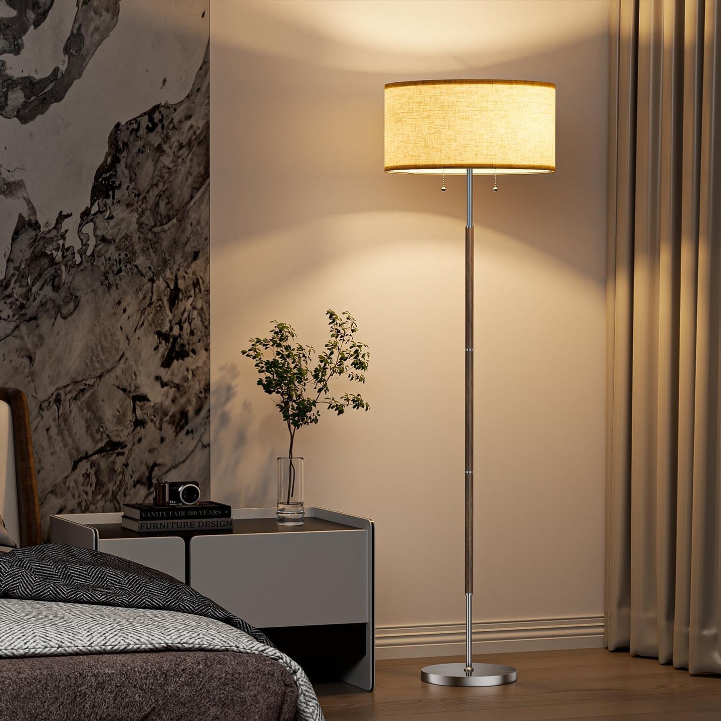 2-Light Floor Lamp, Mid Century Floor Lamp with Beige Lampshade, Standing Lamp Tall Lamp for Living Room Bedroom, 3 Color Temperatures 9W Bulb Include