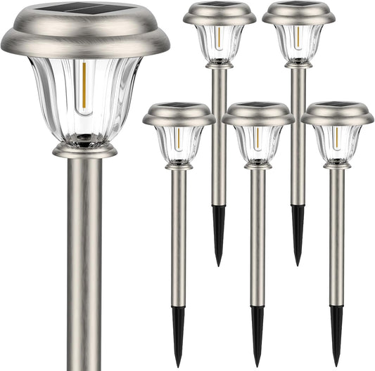 DERAYSION Solar Lights Outdoor Waterproof, Brushed Stainless Steel Glass Solar Pathway Lights, Auto On/Off Long-Lasting Outdoor Solar Lights for Garden, Landscape, Path, Yard 6 Pack