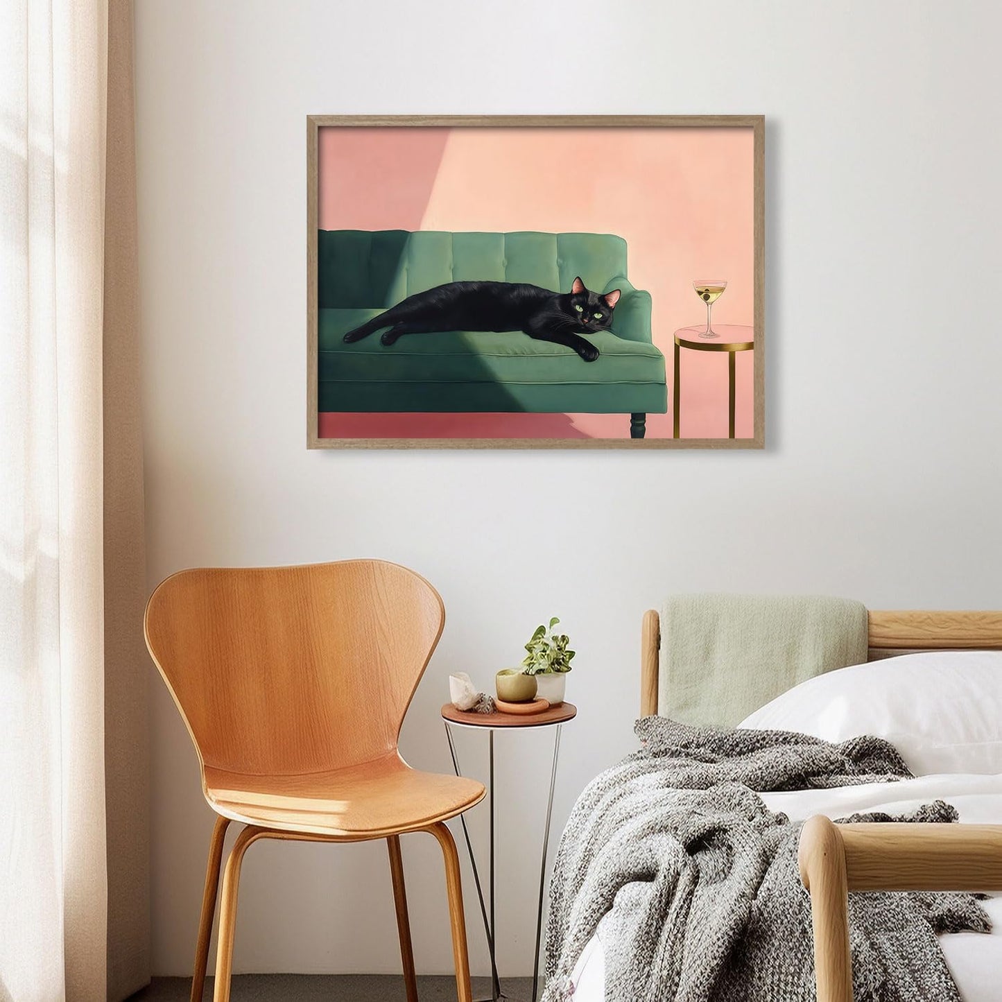 Wood framed black cat wall art modern style canvas print lazy black cat poster picture decoration painting gallery style artwork suitable for living room bedroom decoration 12x16 inch