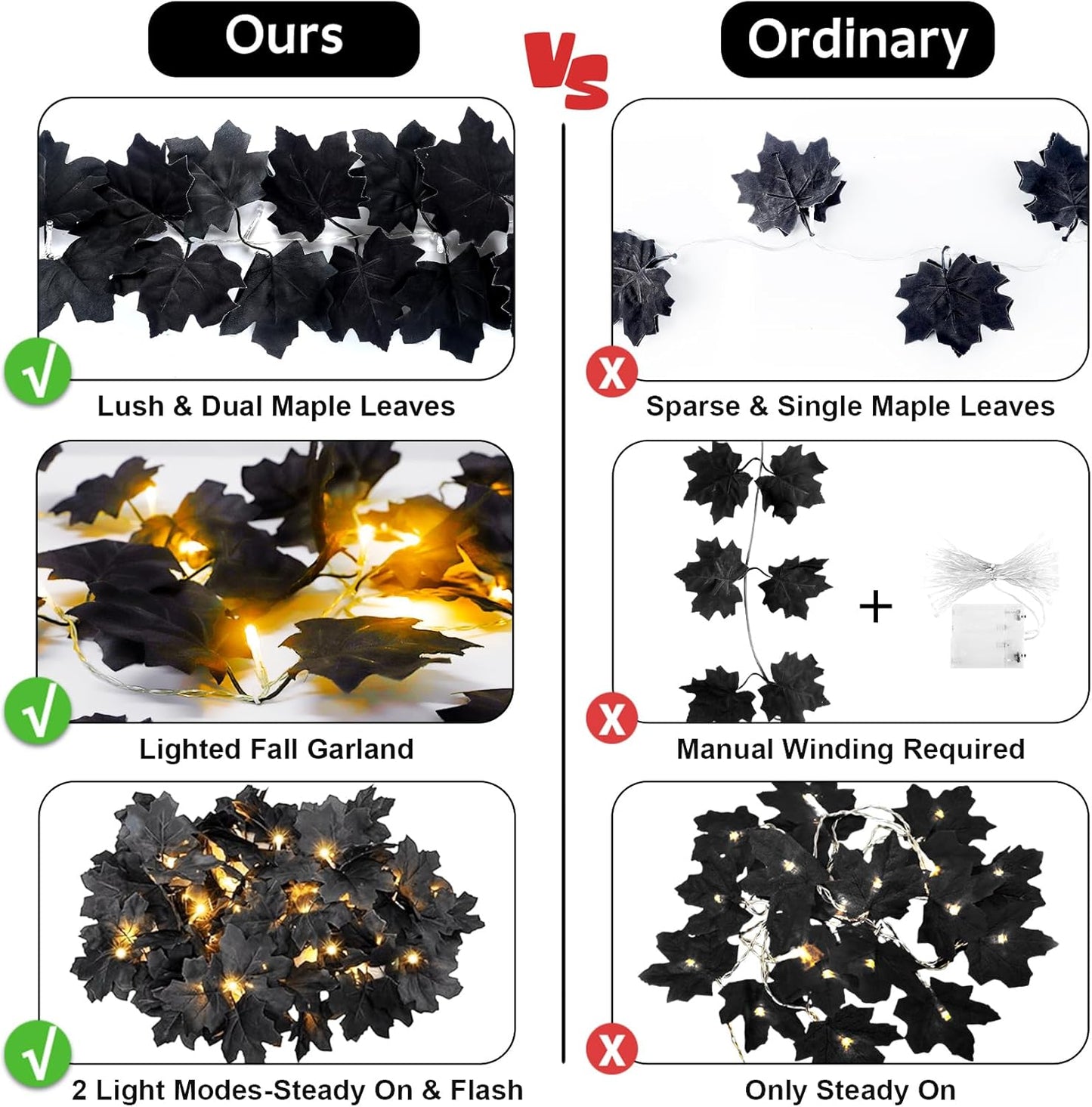 Ouddy Decor 2 Pack Lighted Black Garland Decorations, Total 20 Ft 60 Led Fall Lights Maple Leaves Battery Operated for Indoor Outdoor Thanksgiving Front Door Decor, Warm White