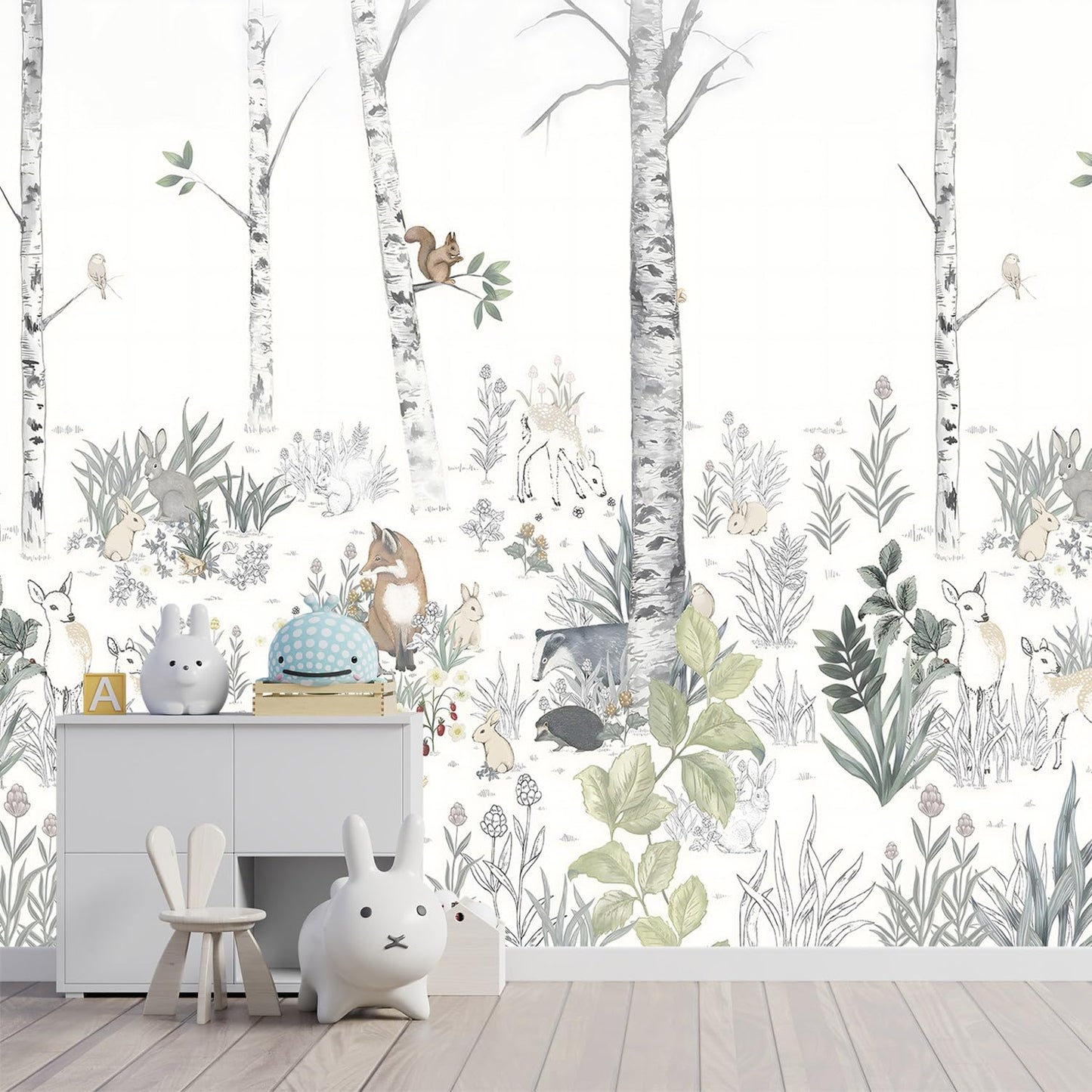 -Nursery Cartoon Woods Hand-Painted Animal Wallpaper Children's Room XT10 M 140" x 91"