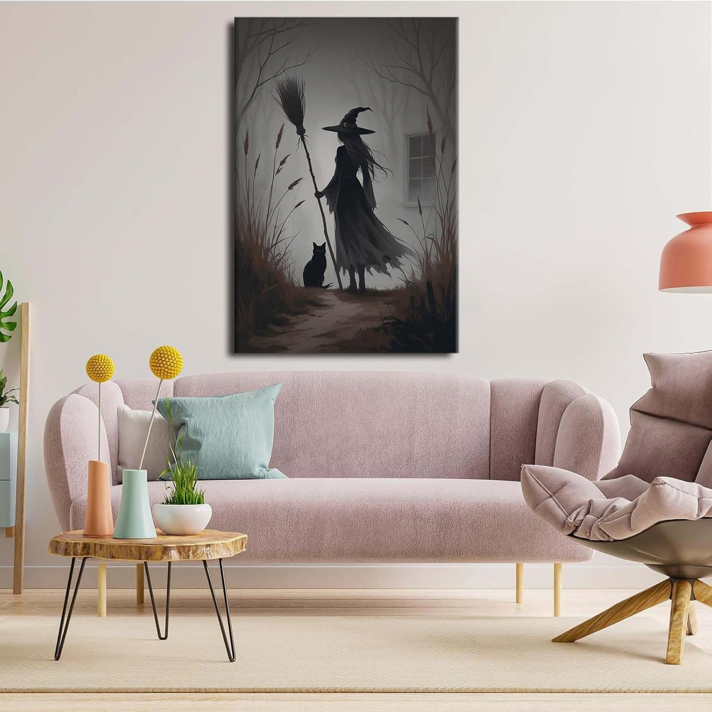 Vintage forest witch and black cat poster Halloween mural poster decoration mural art magic suitable for home living room bedroom16x24in Wood Framed