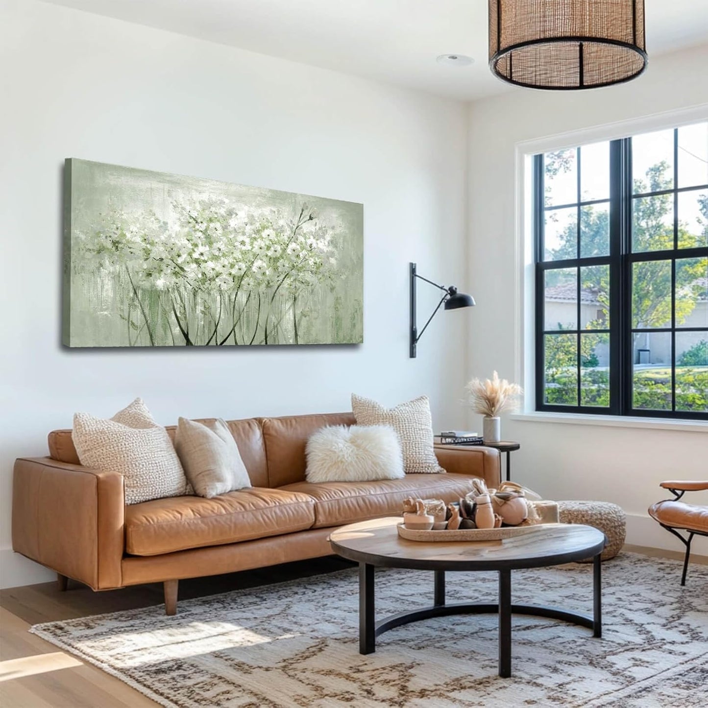 MLART99 Modern Artwork Wall Decor White Flowers Picture Art 24"x48" Plant Wall Art Decorations for Living Room Office